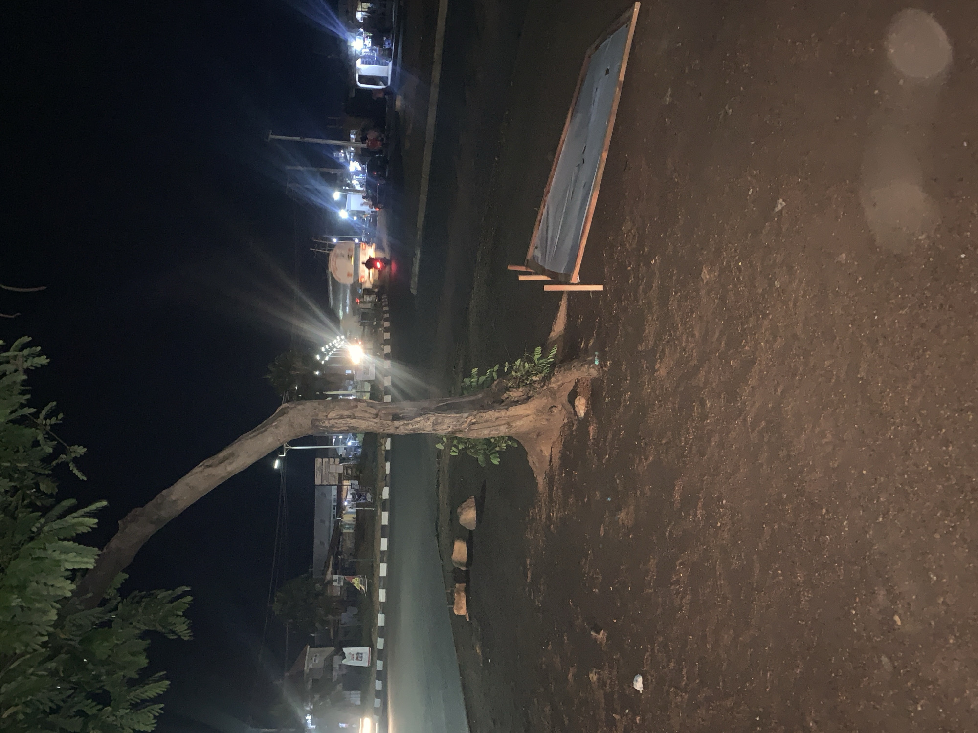 The image depicts a nighttime scene in Kabong, Nigeria, featuring a tree with a long, angled trunk extending towards the left side of the frame. A road runs alongside the tree, illuminated by streetlights and the headlights of passing vehicles, including a truck and a motorcycle. On the right side of the frame is a dirt area where a wooden-framed board stands. The overall environment appears dark with sporadic light sources.