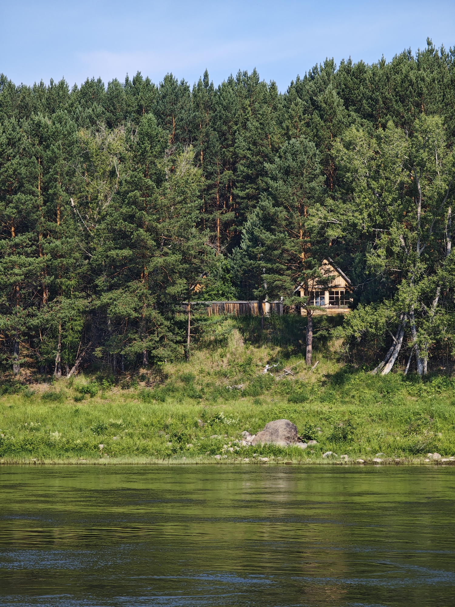 The image depicts a tranquil scene on a riverbank in Podporozh'e, Russia, under a clear blue sky. In the foreground, a wide river with calm, green-tinted water reflects the surrounding environment. The middle ground features a steep, grassy embankment covered in lush vegetation, with a cluster of large rocks near the water's edge. Higher up on the embankment, nestled amongst a dense forest of pine and birch trees, is a small, wooden cabin with large windows. The forest extends to the horizon, creating a verdant backdrop. The cabin appears to be a secluded dwelling, possibly a dacha, surrounded by the natural beauty of the Russian wilderness. There are no people or animals visible in the frame.