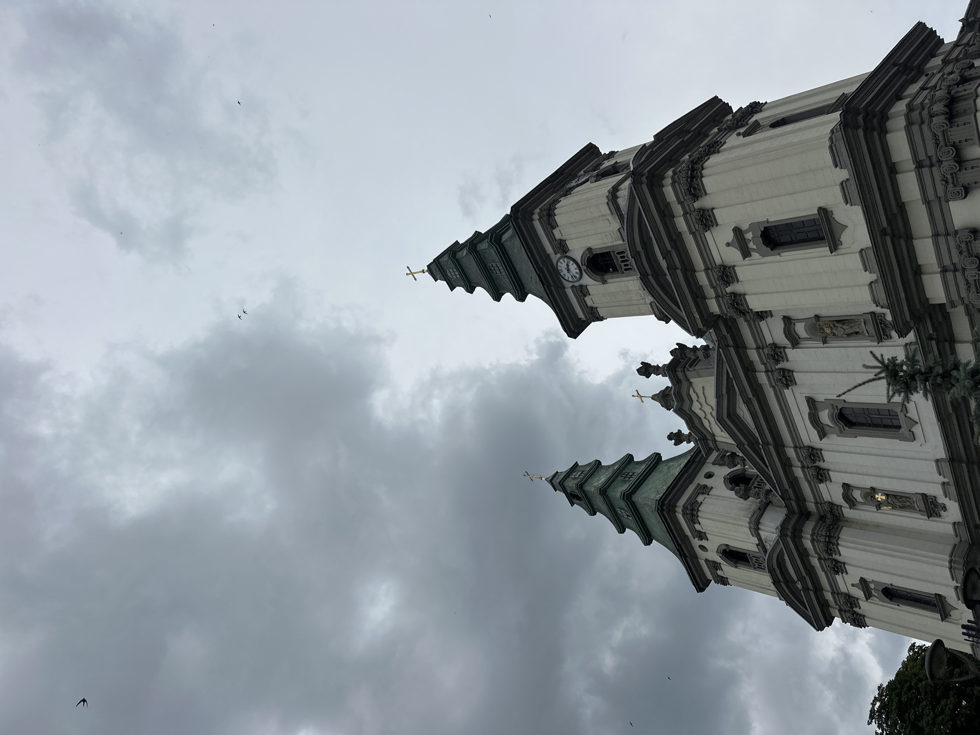 This low-angle, full shot captures the facade of the Ternopil Cathedral in Ternopil, Ukraine, under a cloudy sky. The church features two prominent towers with green spires topped with golden crosses. The right tower has a clock face. The building's architecture is detailed, with decorative moldings and statues. Several birds are visible in the sky, with one prominent bird in the upper left corner. The overall atmosphere is somewhat somber due to the overcast sky.