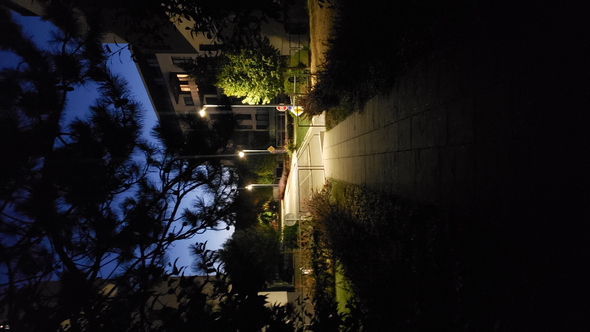 The image depicts an exterior scene at dusk or night, featuring a pathway leading towards a road with streetlights. The pathway is made of square concrete slabs and is flanked by low, manicured hedges and grassy areas. In the background, a multi-story building with lit windows is visible, suggesting a residential or commercial area. Several streetlights illuminate the scene. The foreground is framed by dark foliage, possibly from trees or bushes, adding a sense of depth and enclosure. The sky is a deep blue, indicative of twilight. Based on visual cues from the building architecture and street furniture, this location appears to be a residential area in the city of Prešov, Slovakia. There are no people or vehicles present in the frame.