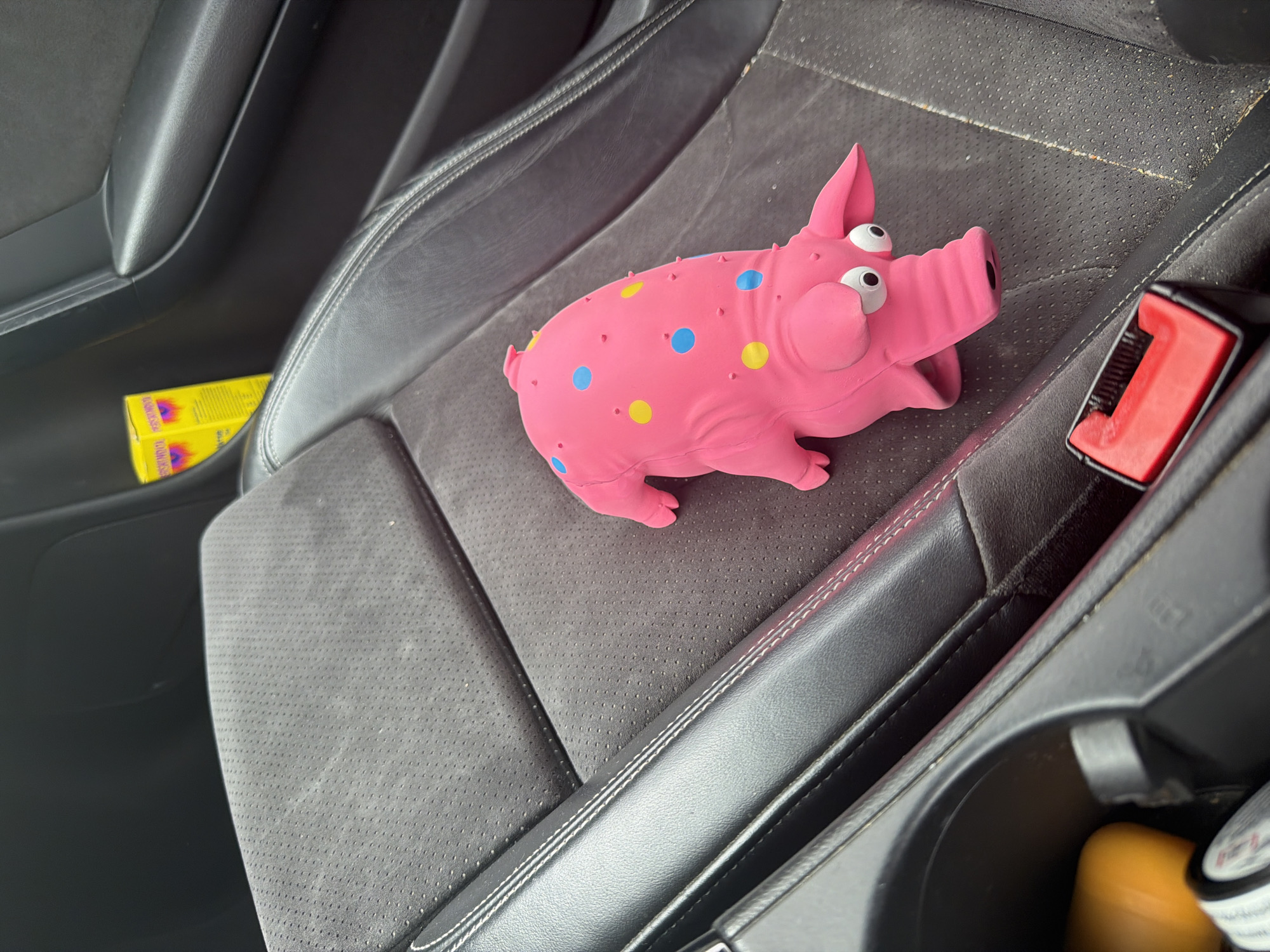 The image shows the interior of a car, specifically the passenger seat. A pink, rubber pig toy with blue and yellow polka dots is lying on the gray, perforated leather seat. A yellow box is partially visible on the left side of the seat. The seatbelt buckle is on the right side of the seat. Part of the center console is visible with items inside. The location is not identifiable as Sofia, Bulgaria, based on the visual information provided.