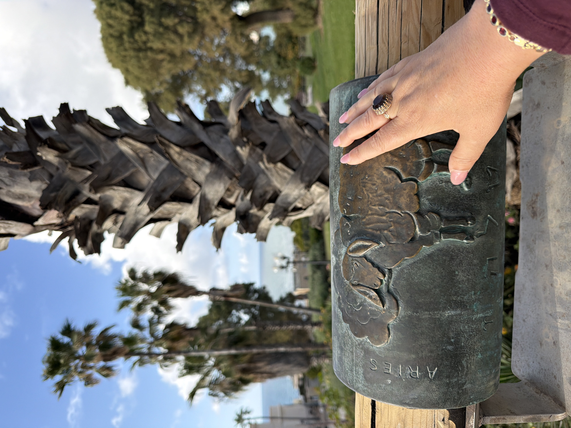 A medium shot, taken outside in Tel Aviv, Israel, features a hand resting on a cylindrical marker labeled "ARIES," adorned with a ram illustration, with a blurred background of palm trees, the sea, and the horizon. The woman has a large ring and bracelet, and pink nail polish. The shot includes details of the surrounding environment, with the palm tree trunk on the left and a wooden post to the right of the cylinder.