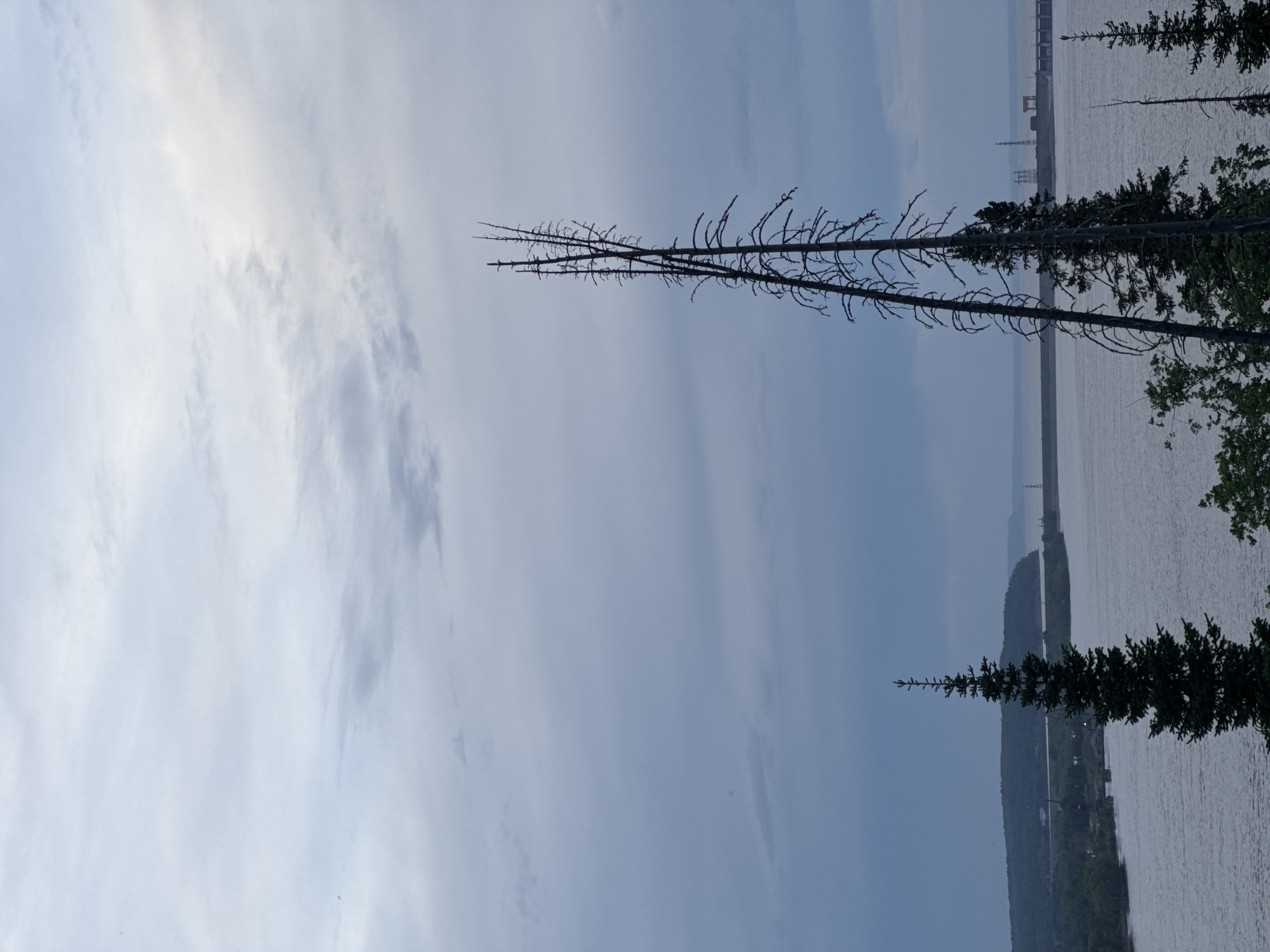 The image captures a cloudy sky over a body of water, likely a river or lake. Silhouetted trees and branches are visible in the foreground, creating a sense of depth. In the distance, structures resembling industrial buildings or a bridge are faintly discernible. Based on the context of Chaykovsky, Russia, it's plausible that this scene depicts the Kama River or a reservoir within the city. There are no people visible in the image.