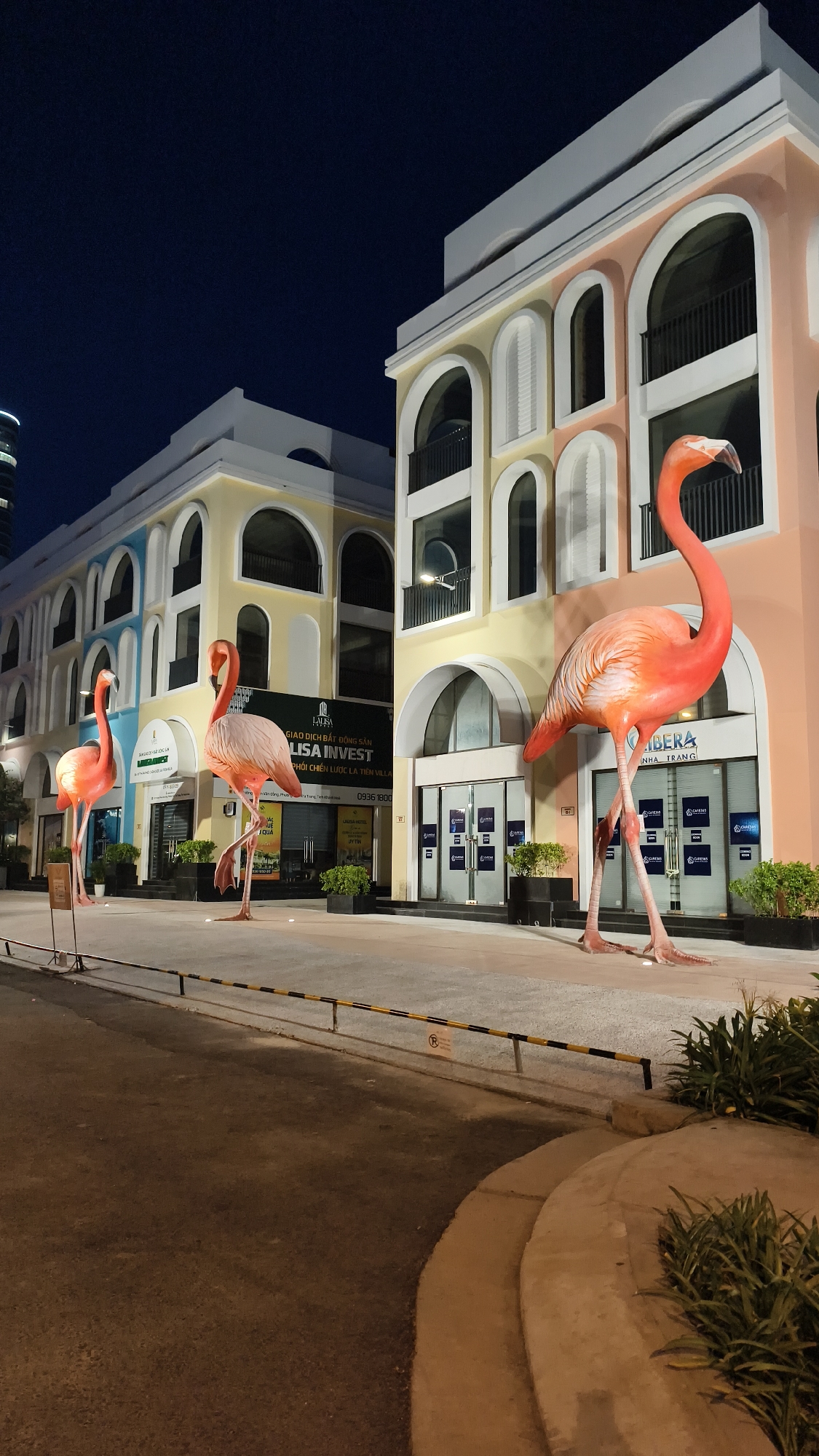 This is a photograph taken at night in the city of Bac Nha Trang Ward, Vietnam. The scene features a street with modern, multi-story buildings and large, illuminated flamingo statues.
The buildings are painted in pastel colors, with yellow, peach, and blue facades. They have arched windows and balconies, suggesting a commercial or residential complex. Signs on the buildings indicate businesses such as "LISA INVEST" and "LIBRA NHÀ TRANG."
Dominating the foreground are three large, pink flamingo statues. The largest flamingo is positioned centrally, with its long neck and beak facing towards the right. Two smaller flamingos are located to the left of the central one, with one slightly further in the foreground than the other. The statues appear to be made of a material that reflects the ambient light.
The street in front of the buildings is paved and appears to be an outdoor walkway or plaza. There are planters with green foliage placed along the front of the buildings, and a black and yellow striped barrier is visible in the lower foreground, separating the walkway from the street. The sky is dark, indicating nighttime. There are no people visible in the image.