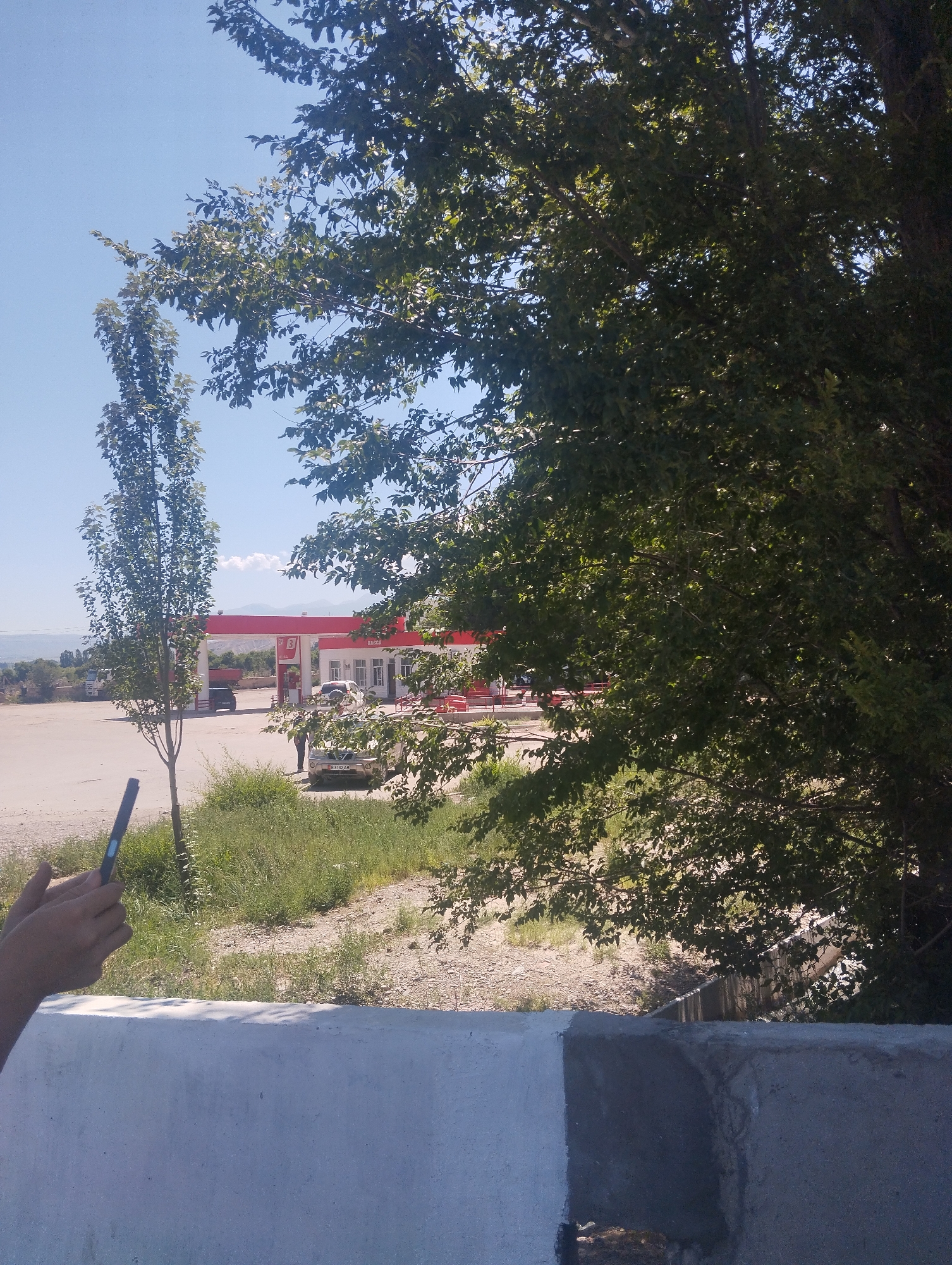 A wide shot captures a sunlit scene in Kochkor, Kyrgyzstan, featuring a gas station with red and white awnings, several cars, and a person's hand holding a mobile phone in the foreground. Lush green trees with dense foliage dominate the right side of the frame, partially obscuring the view of the sky. In the background, mountains are visible under a clear blue sky. A low, concrete barrier runs across the bottom of the image, separating the foreground from the rest of the scene. The ground is a mixture of gravel and grass, with a shallow ditch to the right of the barrier.