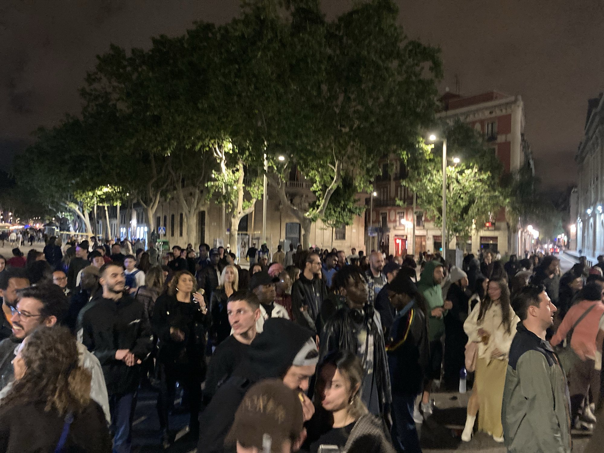 The image depicts a large crowd of people gathered on a city street at night. The location appears to be a plaza or wide avenue in Unknown, Unknown, lined with trees and buildings. Streetlights illuminate the scene, casting light through the trees. The people are diverse in appearance, with a mix of ages and ethnicities. Most are dressed casually. There is a general sense of activity and movement within the crowd, suggesting they are in transit or attending an event. The atmosphere is lively and social.