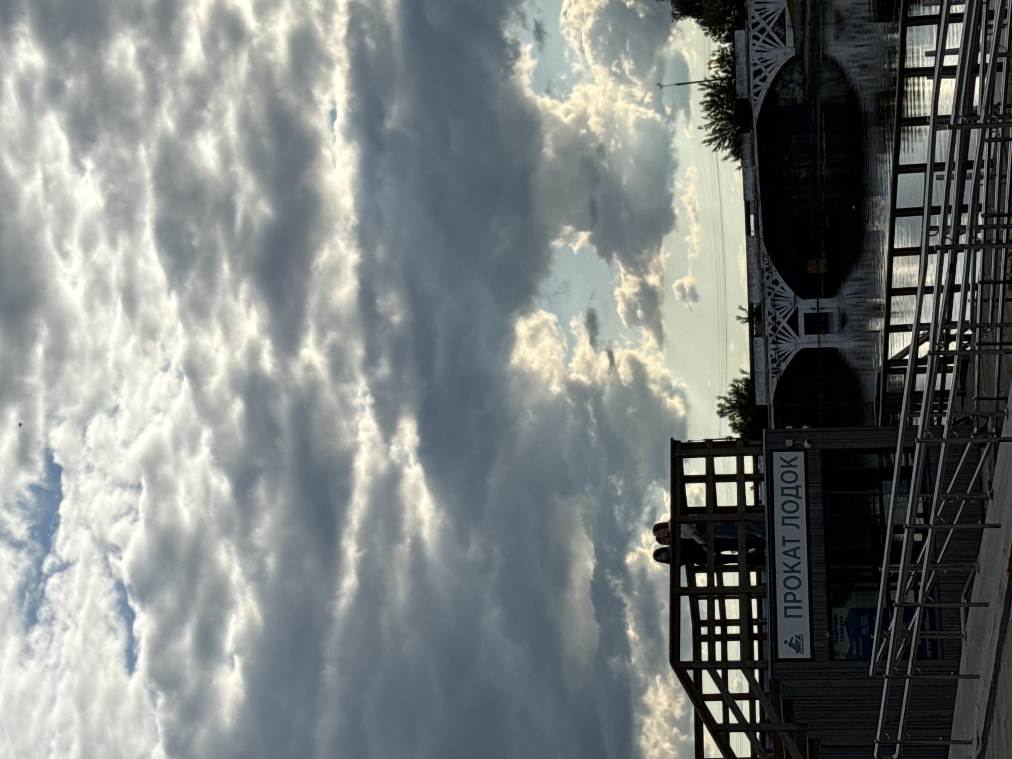 An image, rotated counter-clockwise, depicts a waterside scene under a dramatic, cloudy sky. In the foreground on the right, there is a wooden structure resembling a kiosk or building, featuring an elevated platform. Two individuals, appearing to be women, are visible on this platform, looking out towards the water. The building prominently displays Cyrillic text "ПРОКАТ ЛОДОК" (BOAT RENTAL) vertically on its side, along with a smaller logo and the text "Лодочная станция" (Boat station). To the right of the building, metallic railings or racks are present.
Behind the structure, a calm body of water reflects the cloudy sky and an ornate white bridge that spans across it. The bridge has distinct arched supports with decorative patterns. The sky is largely covered with thick, textured grey clouds, interspersed with patches of bright sky where sunlight breaks through, creating a dynamic interplay of light and shadow. The lighting suggests it is either late afternoon or early evening. The scene is set in Votkinsk, Russia.