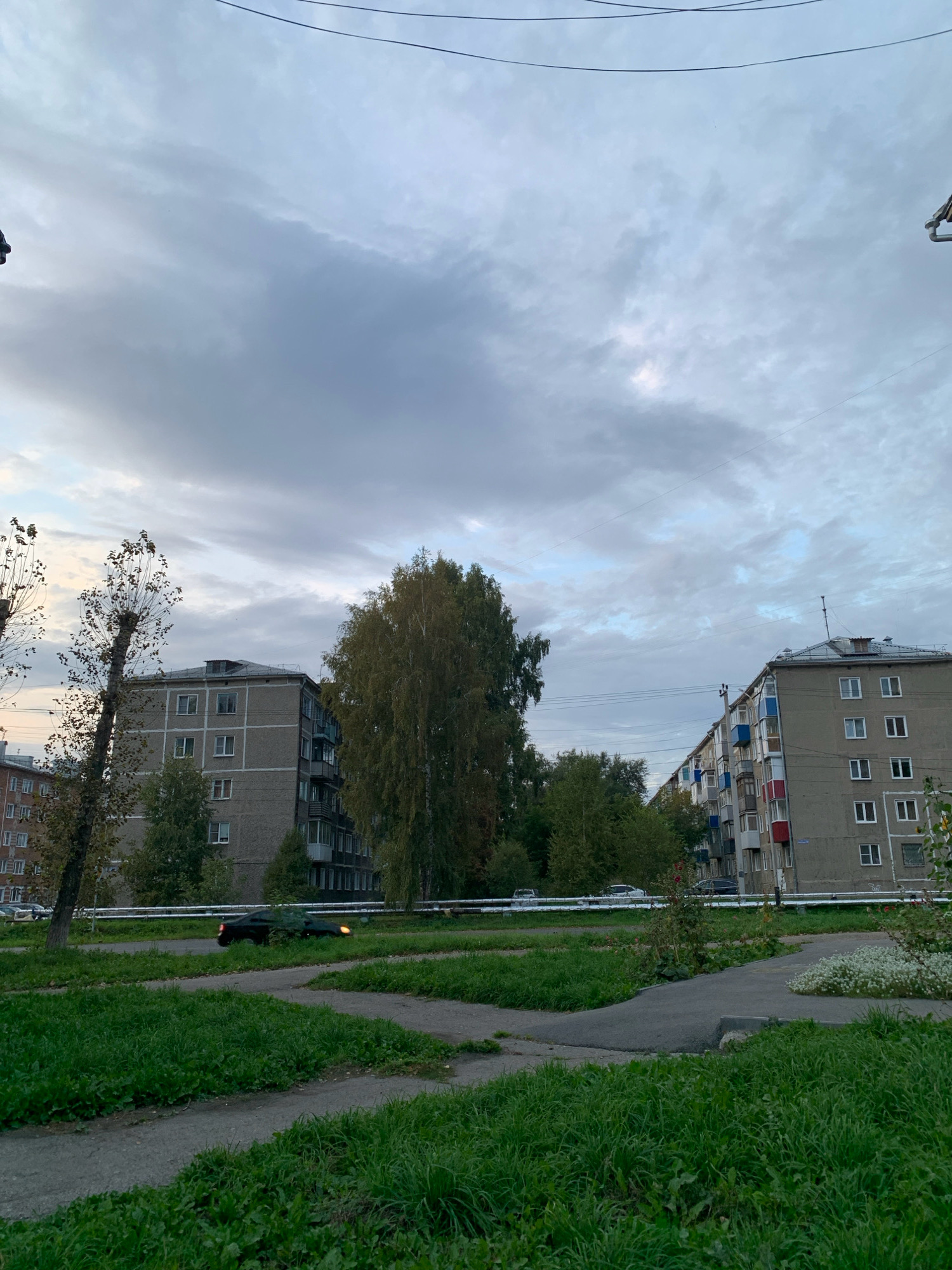 The image depicts a residential area in Prokopyevsk, Russia. In the foreground, a well-maintained green lawn with paved walkways dominates the scene. Beyond the lawn, a multi-lane road is visible, with a black car in motion, its headlights illuminated. Further back, two apartment buildings stand side-by-side, typical of Soviet-era architecture, with multiple stories, uniformly spaced windows, and balconies. Tall deciduous trees with sparse foliage, indicative of autumn, are interspersed between the buildings and along the road. The sky is overcast with clouds, suggesting a cool or temperate climate. The overall impression is of a calm, urban environment.