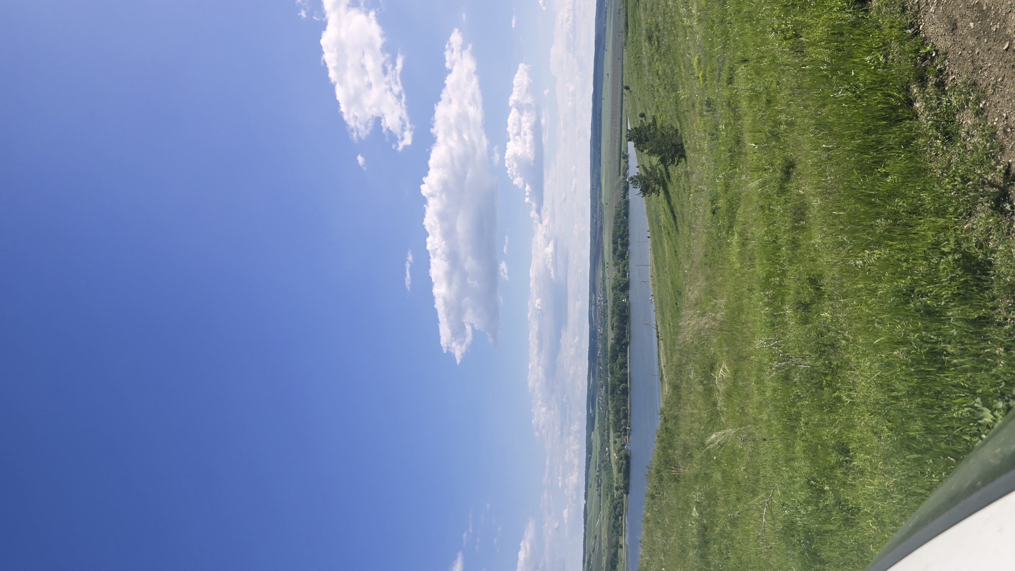 A wide, bright blue sky with scattered white clouds stretches across the top half of the image. Below the sky is a panoramic view of a landscape. In the middle ground, a calm blue body of water, likely a lake or river, is visible. Along the far bank of the water, a line of green trees forms a lush border, with glimpses of small buildings and fields behind them. The foreground and middle ground consist of rolling green hills covered in tall grass and wildflowers. Two evergreen trees stand on a slope on the right side of the frame. The bottom left corner of the image shows a sliver of a white object, possibly part of a vehicle, and a dirt path runs along the bottom right. The scene depicts a serene, rural environment on a sunny day.