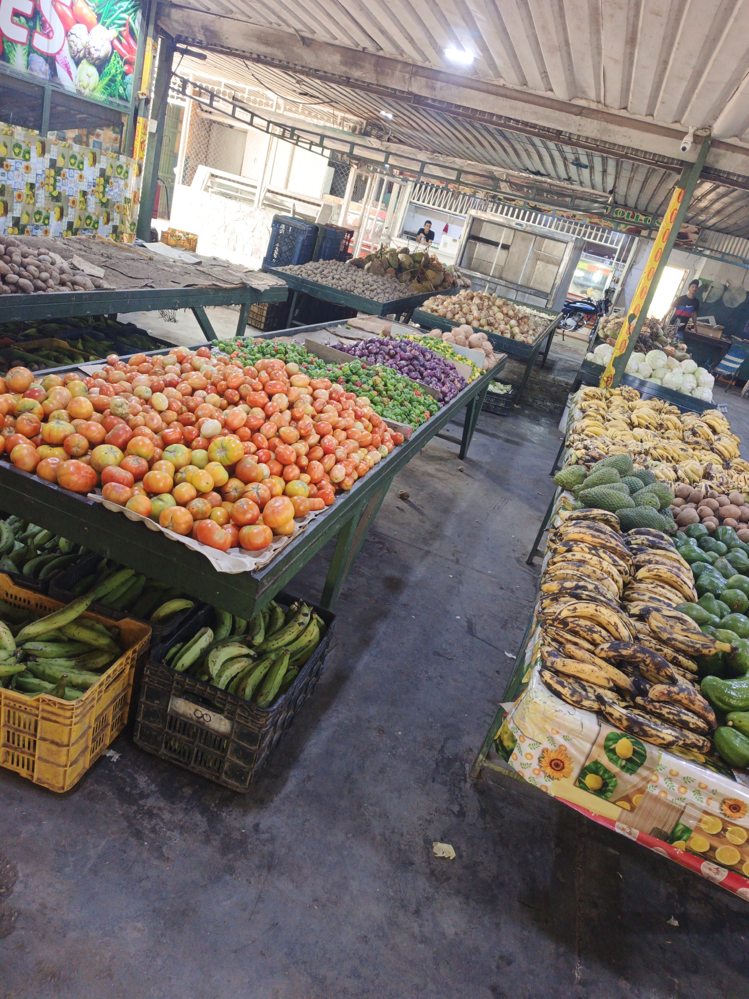 The image shows a vibrant fruit and vegetable market in Tinaquillo, Venezuela. Several tables are laden with produce, including tomatoes, plantains, avocados, peppers, onions, coconuts, and soursop. The produce is arranged for sale, with some items stored in crates under the tables. Two people can be seen in the background of the market. The market area is covered by a corrugated metal roof. The floor is bare concrete.