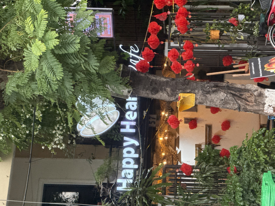 This image depicts the exterior of "Happy Heart Cafe" at address 57, located in Ngũ Hành Sơn Ward, Đà Nẵng, Vietnam. The scene is viewed from a public thoroughfare, featuring a prominent tree trunk in the foreground, partially whitewashed at its base. The tree's canopy, dense with green foliage, extends across the upper portion of the frame.
The "Happy Heart Cafe" sign, illuminated with white lettering, reads "Happy Heart Cafe" and is mounted above the establishment's entrance. Above and to the right of the text, an illuminated, stylized heart or coffee bean shape is visible. Below the main sign, a series of warm-toned decorative lights are strung, creating an inviting ambiance. Numerous small, spherical red lanterns are suspended across the cafe's facade and around the tree trunk, serving as festive decorations. Green plants and foliage are integrated into the cafe's exterior design, with some white flowering plants visible higher on the building.
A yellow, scoop-like object is affixed to the tree trunk. To the right of the tree, a vertical menu board on a wooden easel displays "HAPPY HEART CAFE" and details "Whole Roasted Chicken & Vegetable." In the upper right corner, another sign with Vietnamese text is partially obscured by the tree's leaves. Overhead power lines run horizontally across the top of the image. In the lower left, a green plastic crate is partially visible. The front wheel and part of a red bicycle frame are discernible in the lower right corner. No individuals are present in the frame.