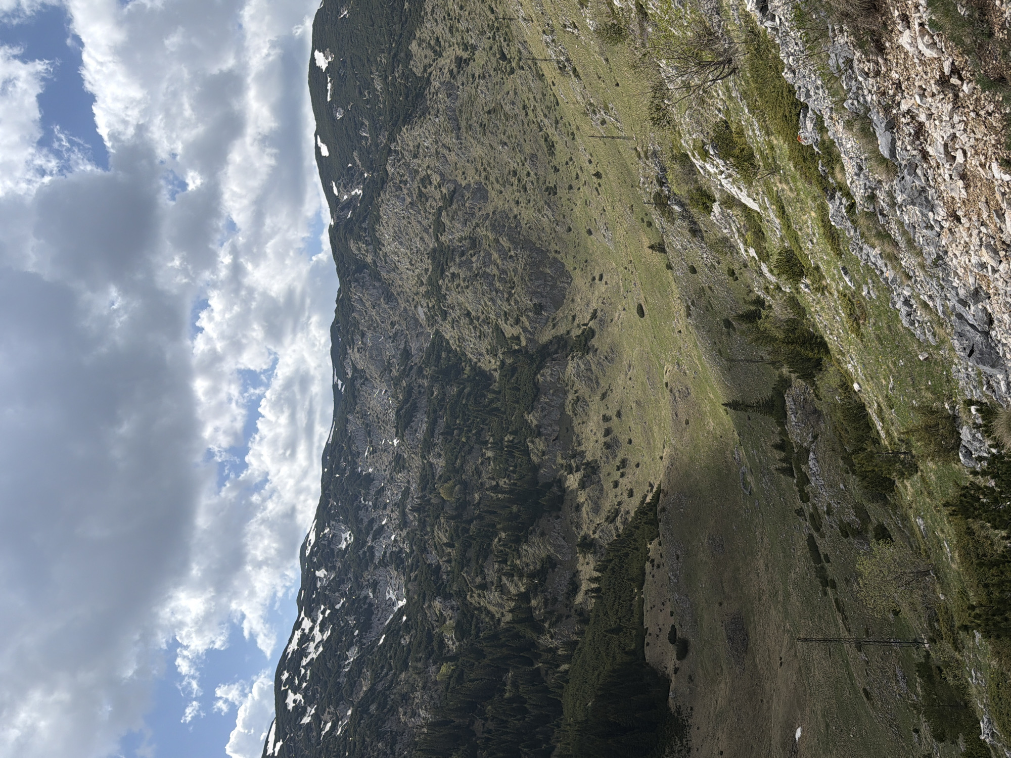 The image depicts a mountain landscape, possibly in Bosača, Montenegro. The mountain occupies the majority of the frame, rising from the lower right to the upper left corner. The terrain varies from rocky cliffs to grassy slopes dotted with trees and patches of snow near the summit. The right side of the mountain is characterized by lighter-colored rock formations mixed with vegetation. In contrast, the left side is darker and appears more rugged. Above the mountain, the sky is partially covered with white and gray clouds, with patches of blue visible. Powerlines and poles are visible along the right side of the base of the mountain.
