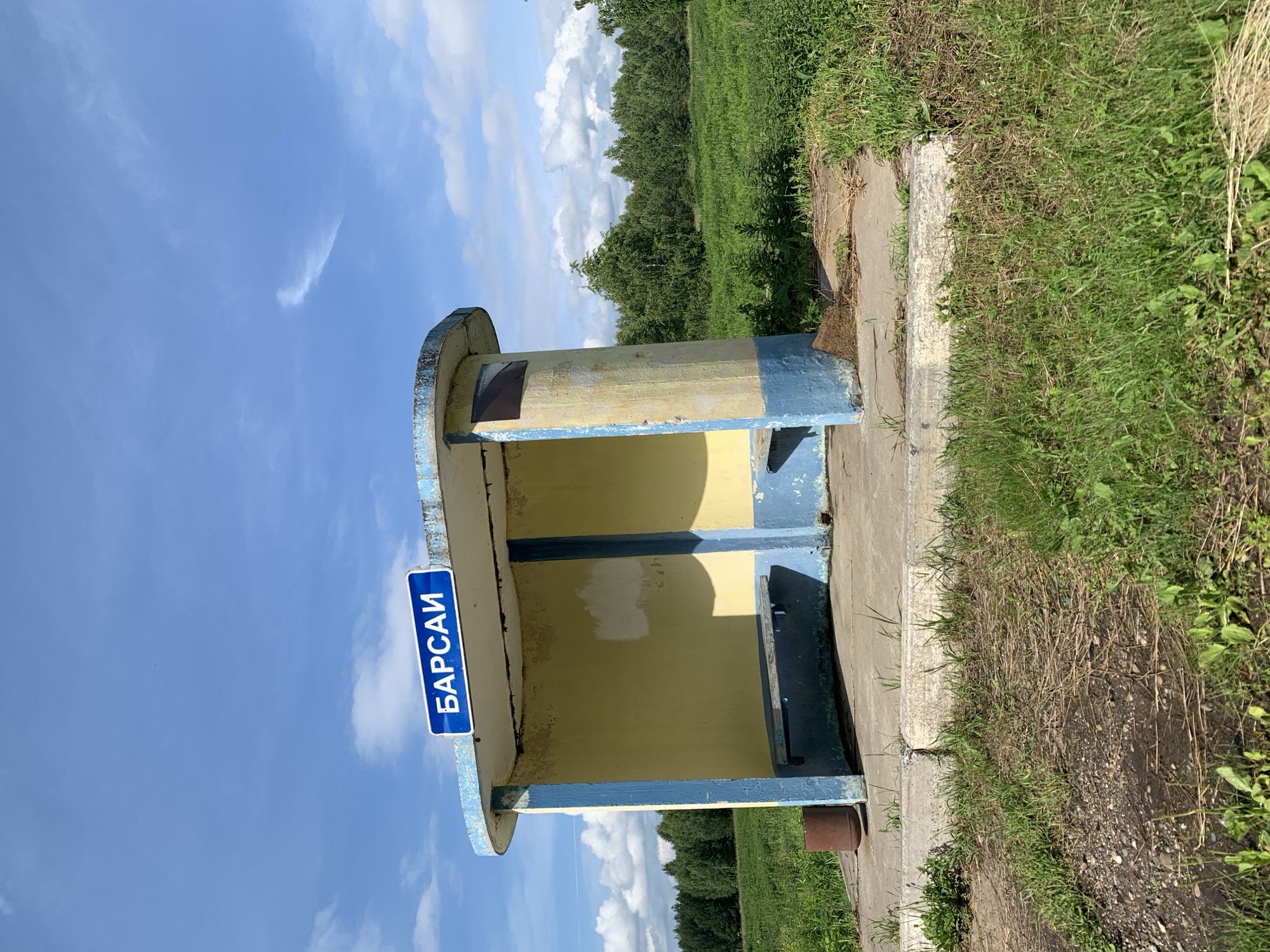 The image shows a bus stop with a sign that reads "БАРСАИ" in Russian. The bus stop is located in the village of Voskresenskoye, Russia. It is a concrete structure with a yellow interior and blue trim. There is a wooden bench inside the bus stop. The area around the bus stop is overgrown with grass and weeds. In the background, there is a dense forest. The sky is blue with some scattered clouds. The overall scene appears to be rural and somewhat neglected.