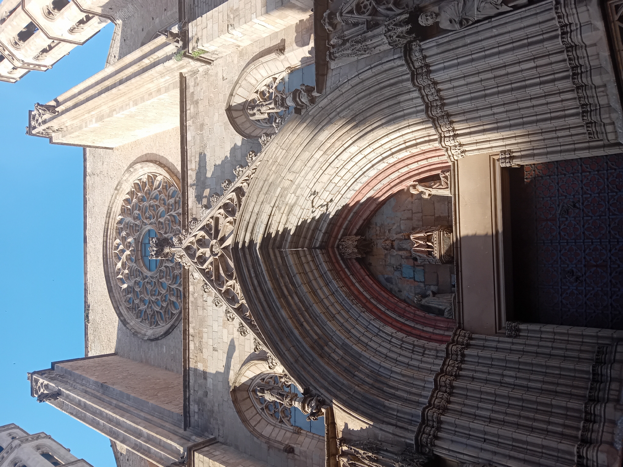 An upward-angled, sunlit view captures the intricate Gothic facade of a cathedral in Barcelona. The dominant feature is a large, ornate rose window with detailed stone tracery and a central circular stained-glass element. To its right, a deeply recessed main portal draws the eye, characterized by multiple concentric arches (archivolts) heavily adorned with sculptures and relief carvings.
Within the archways of the portal, several statues of figures, likely saints, are visible in niches. The stonework throughout the facade is light-colored and exhibits fine architectural details, including small, decorative elements along cornices and buttresses. At least two gargoyles or grotesques project from the upper sections of the building. The shadows cast by the strong, directional sunlight accentuate the three-dimensionality and depth of the architectural elements, creating a dramatic contrast across the textured stone surface. The darkest area reveals a dark, wooden door within the main entrance, featuring a geometric pattern. Above and around the structure, a clear, bright blue sky is visible, indicating fair weather during the daytime, possibly morning or late afternoon given the harsh shadows. No people or visible text are present in the image.