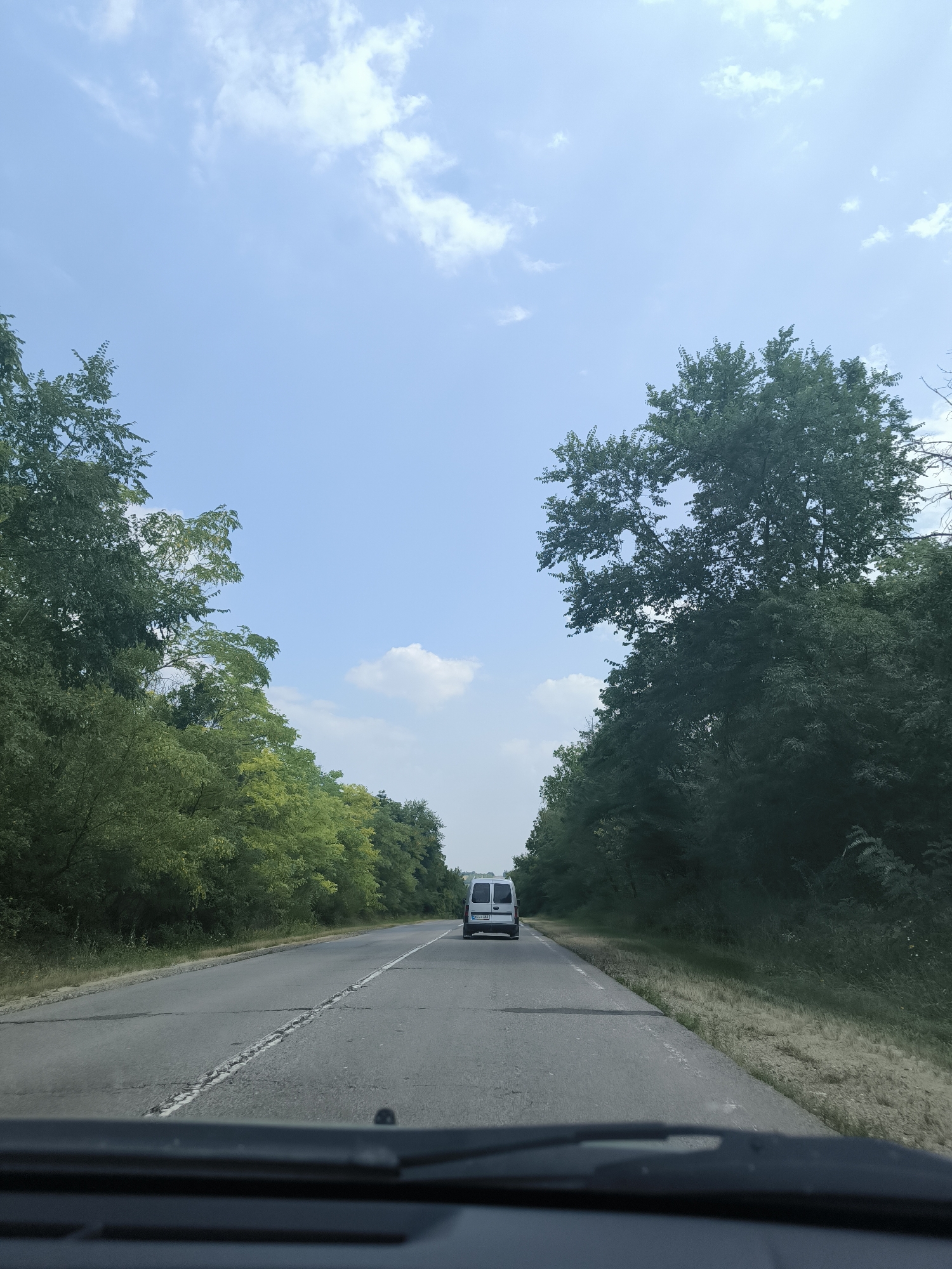 The image shows a two-lane asphalt road lined with dense green trees on both sides. The sky is a pale blue with scattered white clouds. In the distance, a white van is traveling away from the camera. The perspective suggests the photo was taken from inside a vehicle, looking forward through the windshield. The road shows signs of wear, with cracked pavement and faded white lines. The foliage is lush and appears to be in full bloom. The environment is rural, with no visible buildings or other signs of urban development. The general setting is consistent with a roadway in Izbiște, Moldova, during daylight hours.