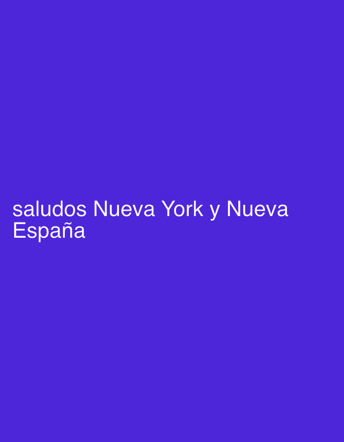 The image displays white text on a solid, vibrant purple background. There are no people, objects, or specific scenes depicted. The visible text reads "saludos Nueva York y Nueva España", which translates from Spanish to "greetings New York and New Spain". "Nueva York" refers to New York, and "Nueva España" refers to New Spain, a historical territory of the Spanish Empire. The image does not provide any visual cues for time of day, weather, or a specific location, beyond the textual mention of New York and New Spain. The provided context for this media file is Santa Ana, Venezuela.