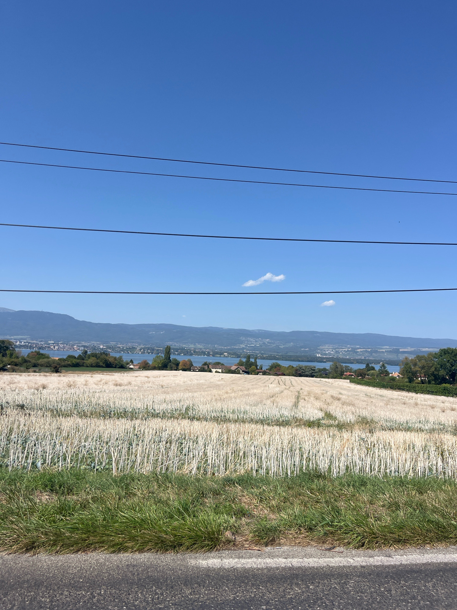 The image shows a landscape scene with a clear blue sky above. In the foreground, there is a road, followed by a strip of green grass and then a field of dry, pale stalks, likely remnants of a harvested crop. Beyond the field, a body of water is visible, with a town or village nestled along its shore and more distant hills or mountains forming the horizon. Power lines stretch across the upper portion of the image, partially obscuring the sky. The location is identified as Nernier, France.