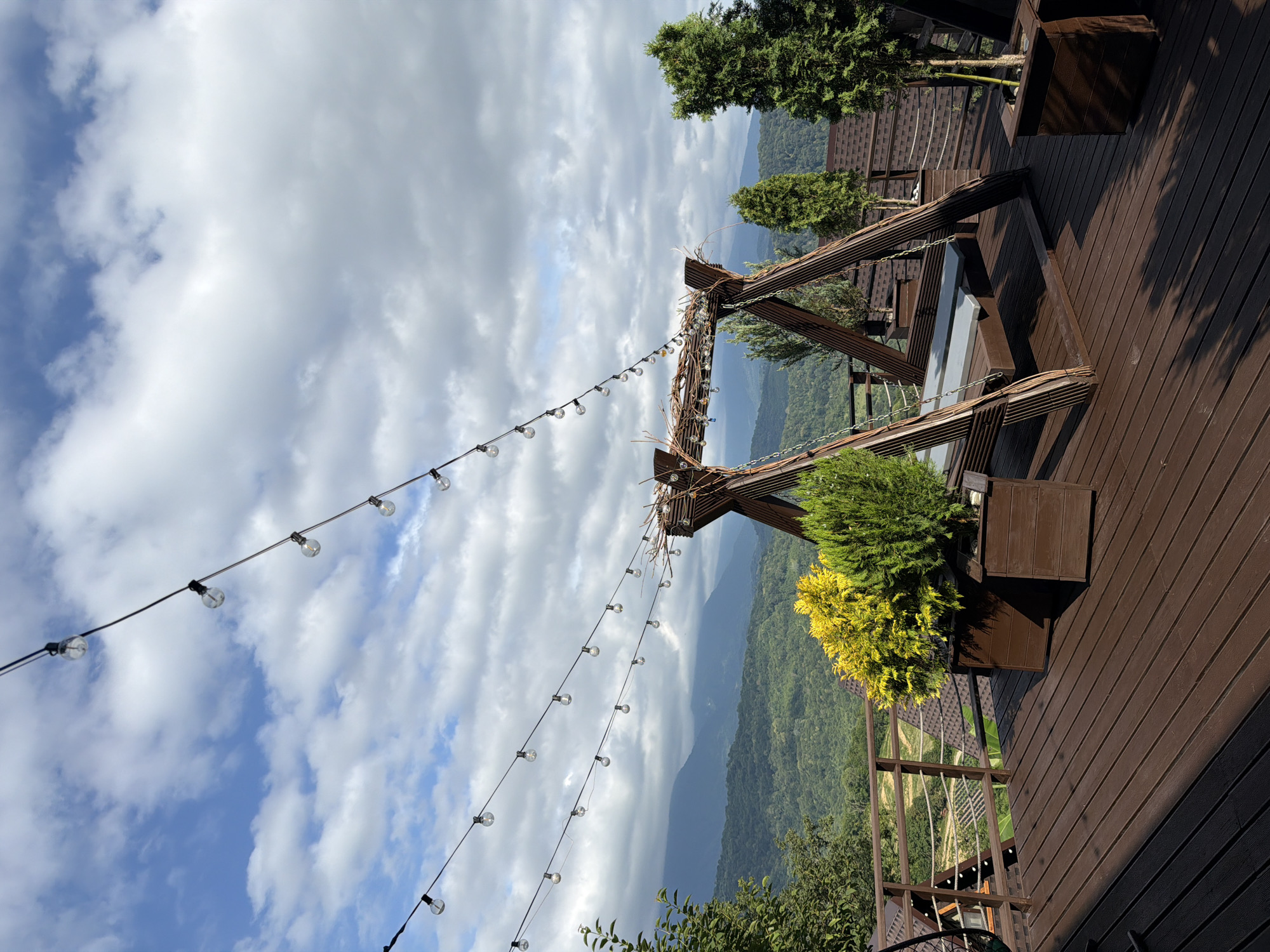 This is a medium shot of an outdoor seating area with a wooden swing set. The swing set is constructed of natural wood branches and has a bench suspended by chains. Two potted plants, one with yellow foliage and another with green coniferous branches, are positioned to the left of the swing set. A string of exposed light bulbs hangs overhead. The deck is made of dark brown wooden planks. In the background, lush green hills and mountains stretch out under a cloudy sky. The scene appears to be a terrace in Nizhnyaya Shilovka, Russia, likely a resort or cafe. There are no people visible in the image.