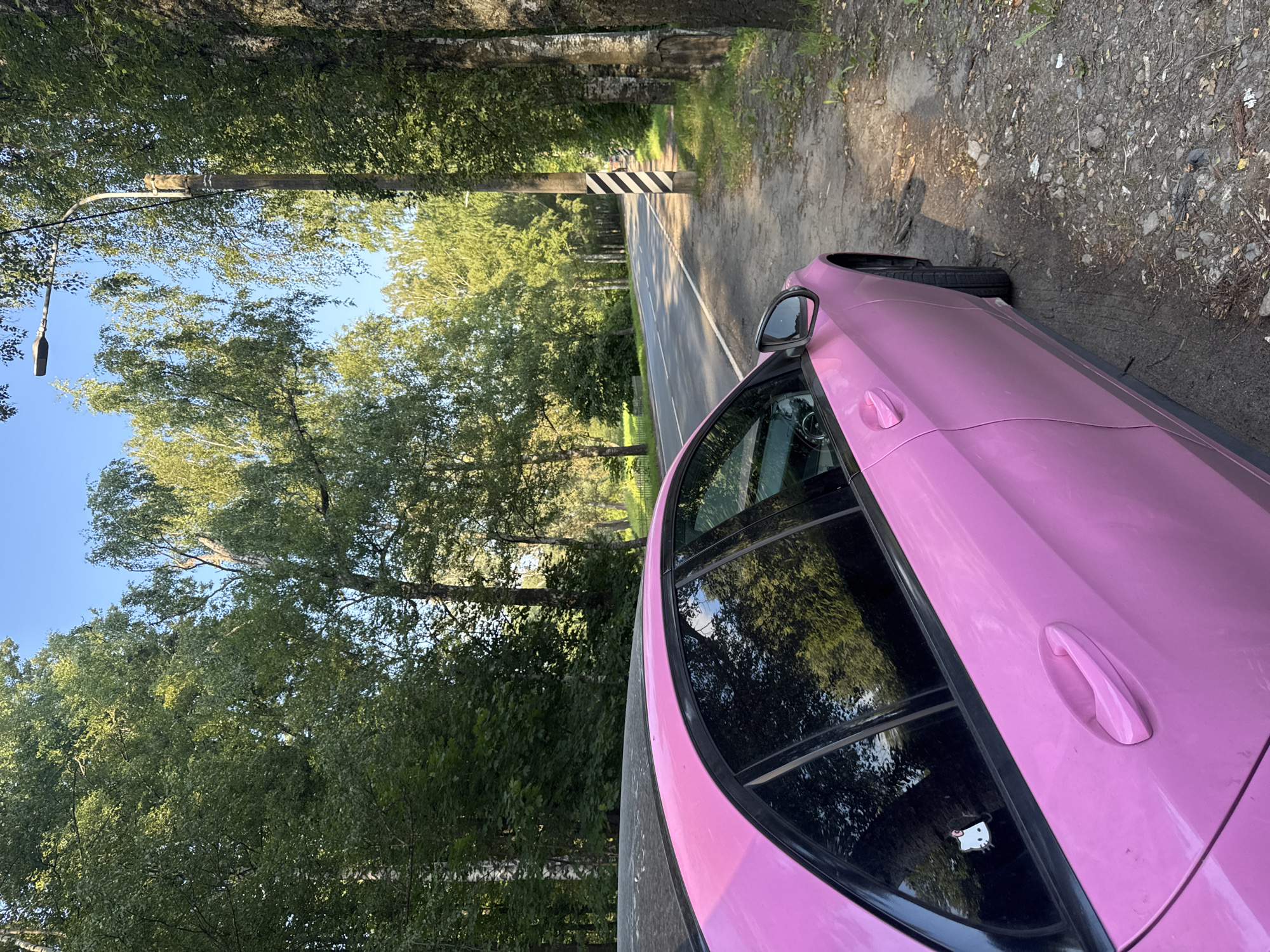 A vibrant pink sedan is parked on the side of a paved road in a wooded area. The car, viewed from the passenger side rear, has tinted windows and a black roof. The road stretches into the distance, lined by tall trees with green foliage. A wooden utility pole with black and white diagonal stripes stands near the roadside. The ground is covered in gravel and dry leaves. The sky is clear and blue. A small Hello Kitty sticker is visible on the rear passenger window. The scene appears to be in Pavlovsk, Russia, as indicated by the context provided.