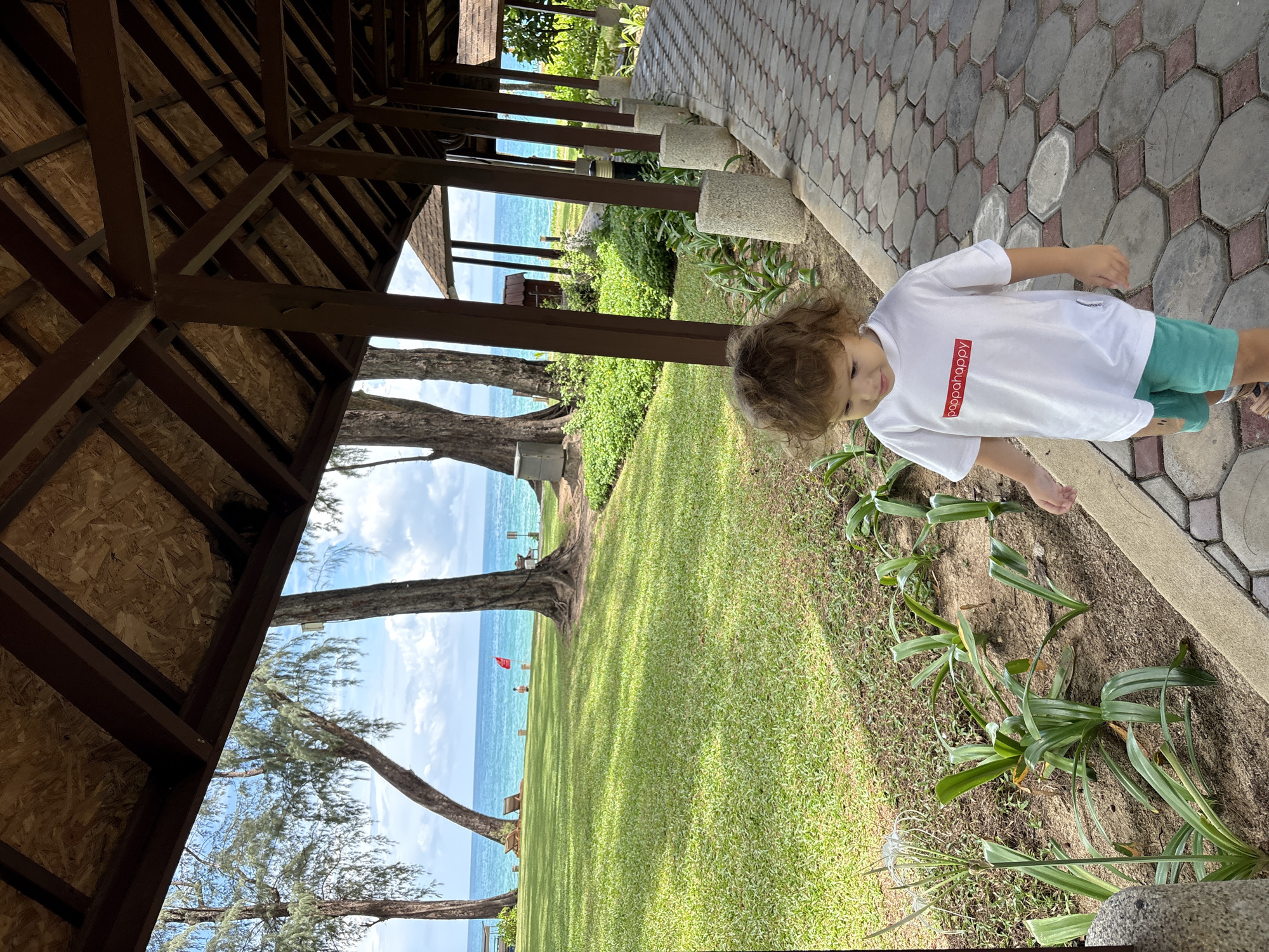 In the city of Choeng Thale, Thailand, a young child with curly brown hair walks along a paved pathway lined with planters. The child, wearing a white t-shirt with red lettering that reads "pappahappy" and teal shorts, is facing towards the right of the frame. To the left of the pathway is a lush green lawn leading towards the ocean, with several tall trees and lounge chairs visible on the grass. The ocean is a vibrant turquoise blue under a cloudy sky. The pathway itself is constructed of interlocking hexagonal pavers. A covered walkway with a wooden roof structure and brown wooden pillars is visible to the right of the pathway, extending into the background. The scene suggests a tropical resort or park setting.