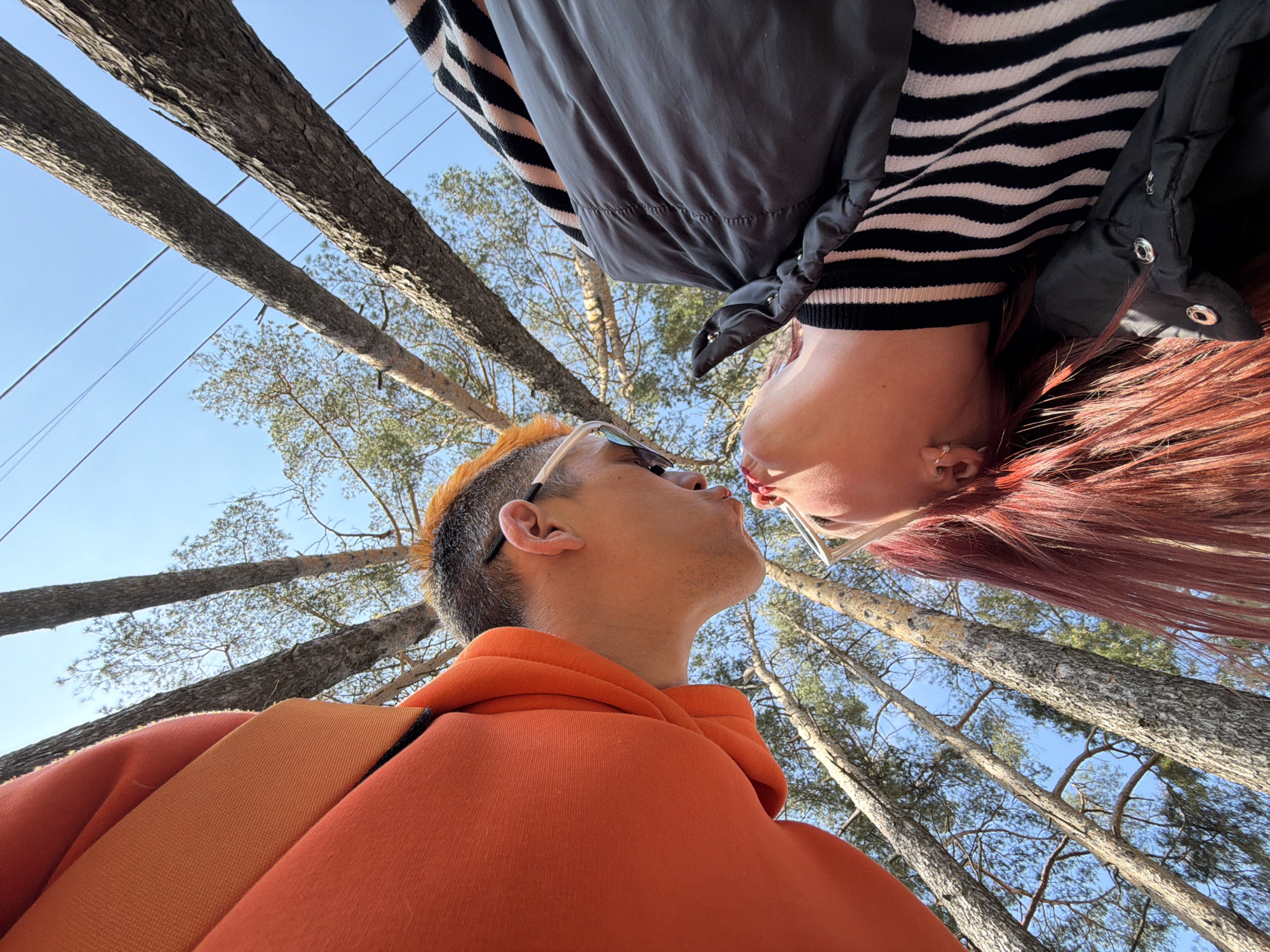 This image, taken in Chaikovsky, Russia, presents a striking worm's-eye view of two individuals in a close, intimate moment amidst a pine forest. The clear, bright blue sky forms the backdrop, framed by numerous tall, slender pine tree trunks stretching upwards. A few thin power lines are also visible crossing the sky.
In the lower portion of the frame, one person is seen looking upwards, wearing a vibrant orange hoodie. Their short hair has distinctive orange highlights, and sunglasses are perched on their head. Their lips are slightly pursed, and their gaze is directed towards the other individual.
Positioned above and to the right, almost upside down from the perspective of the viewer, is the second person. They have long, reddish-brown hair flowing downwards, a black puffer jacket, and a black and white striped top. Glasses rest on their face, and an ear piercing is visible. Their face is also tilted towards the first person, with lips similarly pursed, indicating they are moments away from a kiss.
The composition creates a dynamic and playful atmosphere, highlighting the affection between the subjects. The bright sunlight suggests it is daytime, likely a sunny morning or afternoon. The natural setting of the forest, combined with the unique photographic angle, gives the image a fresh and engaging quality. No visible text is present.