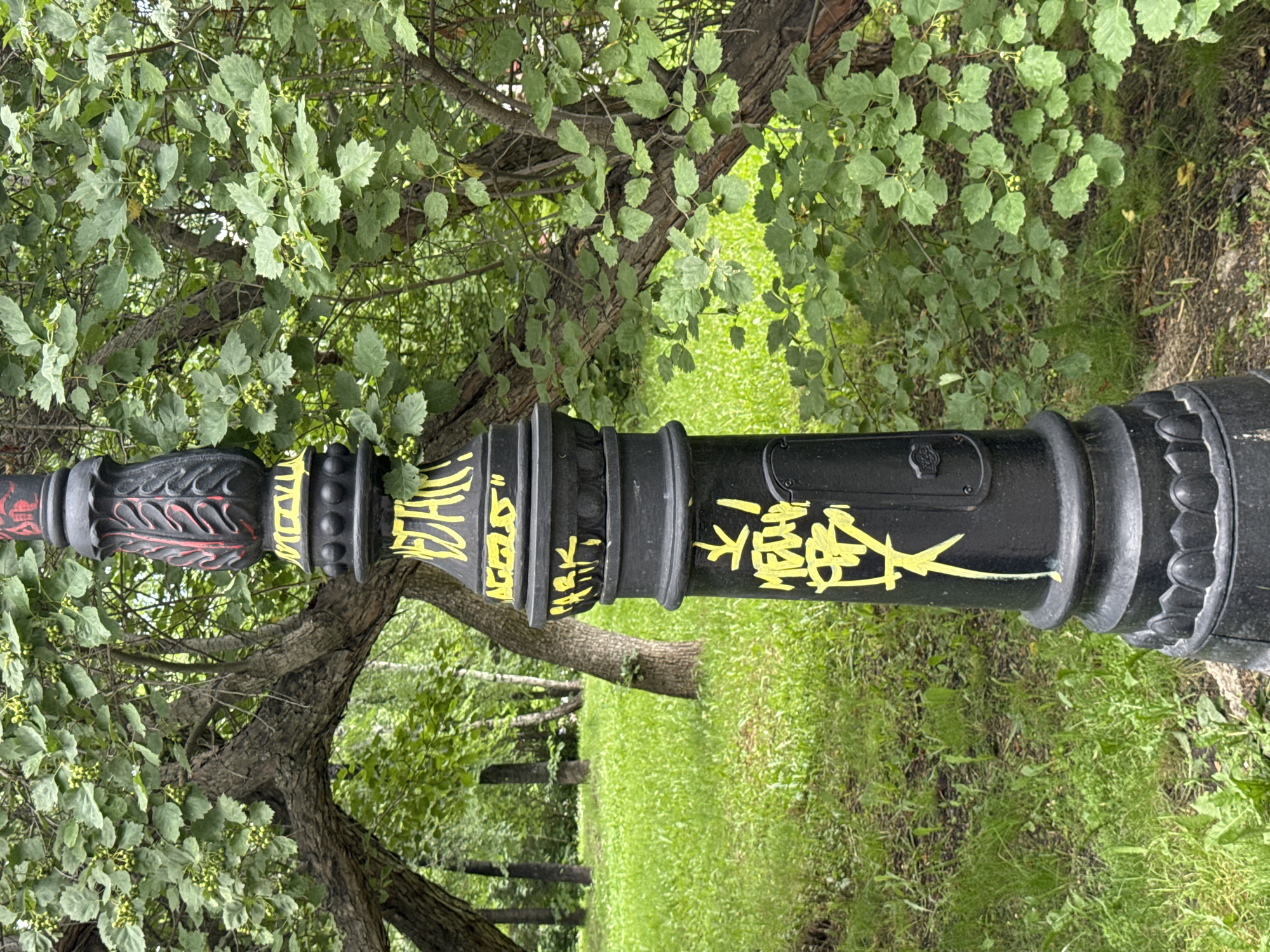 A black ornate lamp post with yellow graffiti stands in a park in Yekaterinburg, Russia. The lamp post has decorative carvings at the top, some painted red, and multiple sections with raised rings and molded shapes. Yellow spray paint has been applied in a tag-like fashion on various parts of the post, including what appears to be text and abstract shapes. The background shows a lush green park with trees and grass. Some trees have visible branches and foliage, and a few small green berries are present on some branches. The lighting suggests it is daytime.