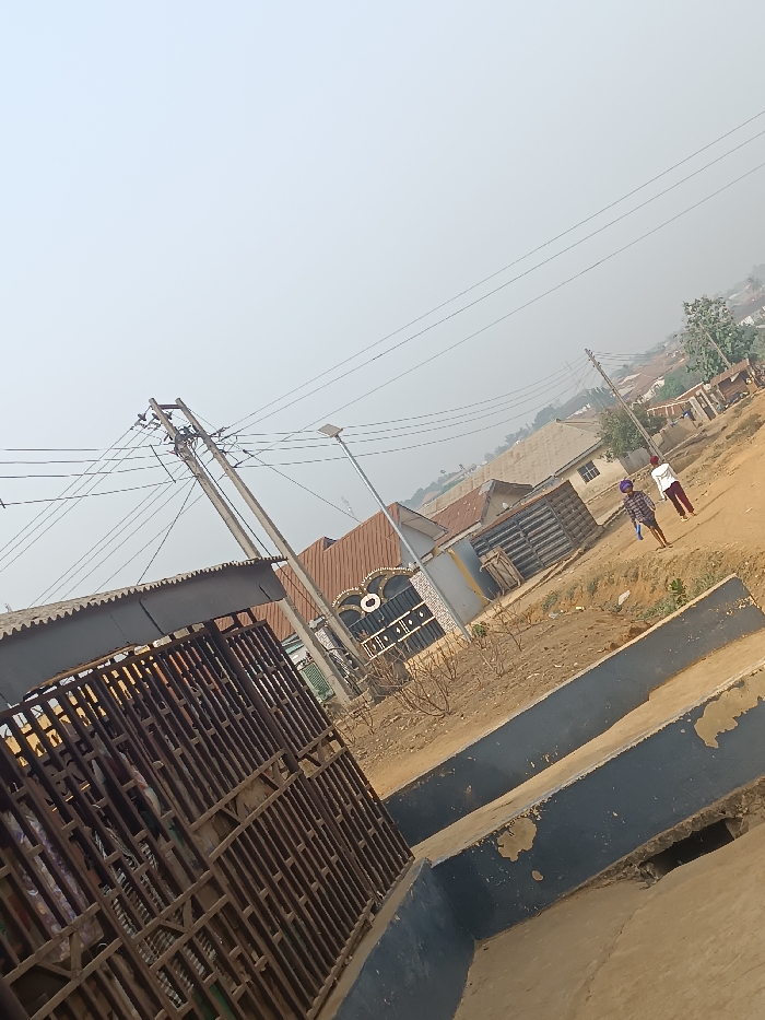 The image depicts an unpaved, dusty street in Oye, Nigeria, under a hazy, pale sky. In the immediate foreground, a dark brown, heavily rusted metal gate with vertical and horizontal bars is visible on the left, partially obscured, topped by a grey corrugated metal roof structure. Adjacent to the right is a dark blue/grey painted concrete curb or barrier showing signs of peeling paint, with a visible drainage opening underneath.
In the midground, two concrete utility poles stand on the left, supporting a dense array of black electrical wires. To their right, a tall, slender metal pole topped with a solar panel and a street light fixture is positioned. Further right, two individuals are present on the unpaved ground. The left person wears a blue top, dark trousers, and a patterned head covering, holding a yellow container-like object. The right person wears a red long-sleeved top, light trousers, and a white head covering. Both individuals appear to be standing or walking, generally facing towards the left of the frame. Behind them, a single-story house with a brown corrugated metal roof and a decorative black and white metal gate is visible. Sparse, dry vegetation is scattered on the bare ground.
The background reveals a residential area with multiple single-story and multi-story buildings, predominantly featuring corrugated metal roofs. A subtle elevation of terrain or distant hills is discernible on the far right horizon.