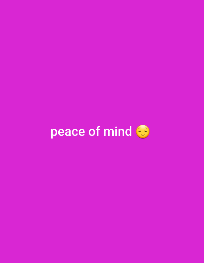 The image shows the phrase "peace of mind" written in white text on a vibrant pink background. To the right of the text, there is a yellow emoji with closed eyes and a subtle smile, also known as the "calm" emoji. This image is not related to the city of Gumel, Nigeria, and contains no visible people, objects, actions, or interactions that would indicate a specific location or event.