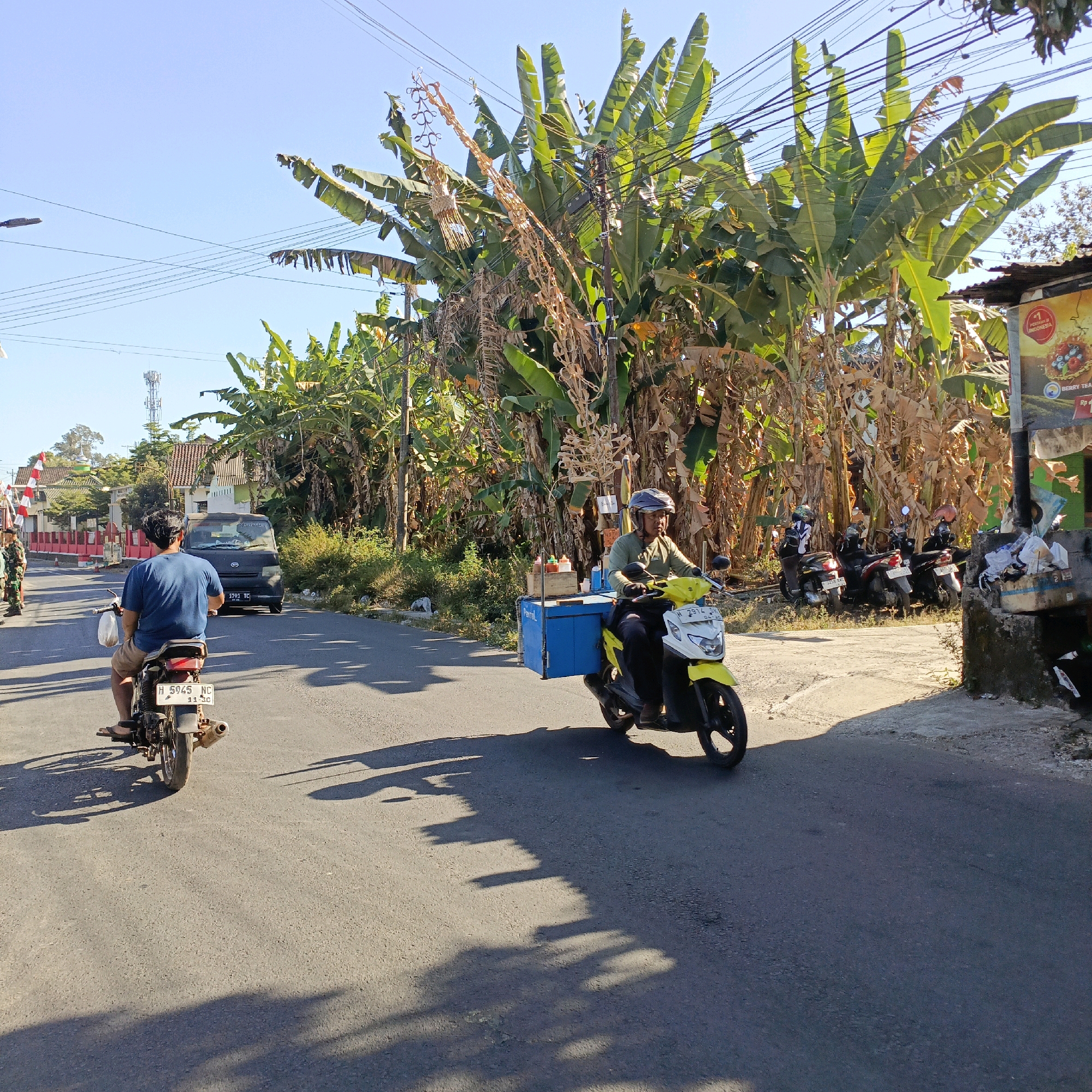 In Candirejo, Indonesia, a street scene unfolds under a clear blue sky. A man on a yellow scooter, wearing a helmet and a light-colored shirt, is in motion. He is carrying a blue box on the back of his scooter, which appears to be a food or drink vendor's cart, with bottles of condiments visible on top. The scooter has a license plate that reads "H 7514 Y".
To the left, another man on a motorbike is also moving forward. He is wearing a blue t-shirt and shorts, and his motorbike has a license plate that reads "H 5945 NC". In the background, a dark-colored van is parked or moving slowly. Further in the distance, a telecommunications tower is visible. The road is paved, and there are lush banana trees lining the right side of the street, their large leaves creating dappled shadows on the asphalt. A building with a corrugated metal roof is partially visible on the far right. On the left side of the road, there are more buildings with red and white decorative elements, possibly indicating a festive occasion or a place of public gathering. A few individuals in military-like uniforms are also present on the left side of the road, near a red and white barrier. The overall impression is a snapshot of daily life in a tropical urban or semi-urban environment.
