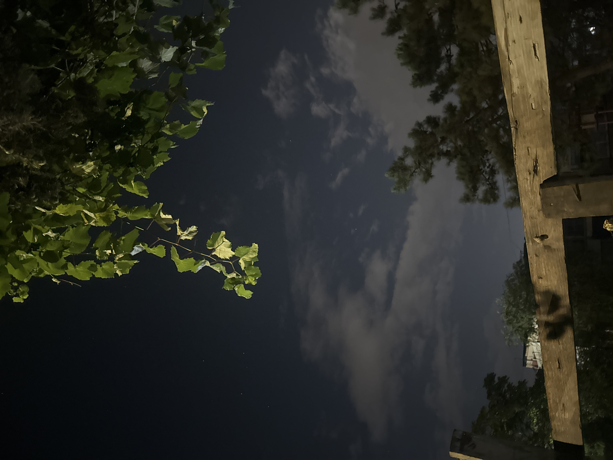 The image depicts a night scene with a dark sky, illuminated by faint starlight and scattered clouds. In the foreground, a wooden beam, part of an unfinished structure, runs horizontally across the frame. To the left and right, silhouetted trees and foliage frame the view. The sky above is a deep blue, with wispy white clouds partially obscuring the stars. Green leaves hang from branches in the upper portion of the image, suggesting a wooded area. In the middle ground, a building with lights is visible, hinting at an urban environment. The overall atmosphere is serene and slightly mysterious. This scene is likely located in Gebze, Turkey, given the context provided.