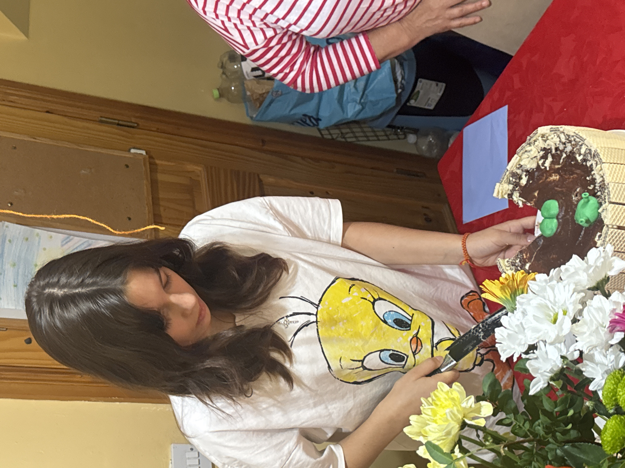 A young woman with dark brown hair, wearing a white t-shirt featuring a graphic of Tweety Bird, is cutting a chocolate cake. She is holding a knife in her right hand and her left hand is on the cake. The cake is decorated with chocolate frosting, white wafer layers, and green fondant figures. In the foreground, there is a bouquet of yellow and white flowers. The background shows a wooden door, a wall painted yellow, and a person wearing a red and white striped shirt partially visible on the right. The setting appears to be an indoor residential environment. There is no visual information to suggest this location is in Waterford, Ireland.