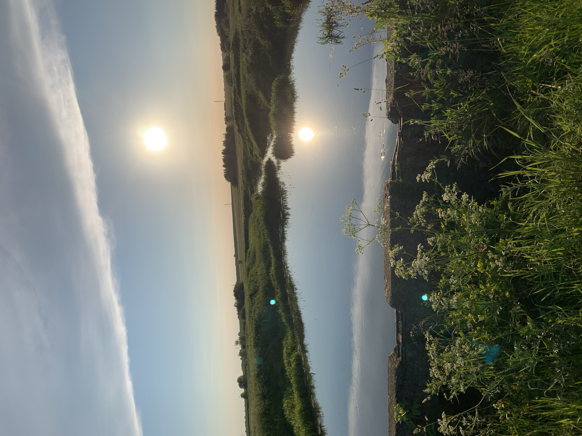 The image captures a serene natural landscape bathed in the warm glow of the setting sun. A tranquil body of water, likely a river or canal, dominates the foreground, its surface reflecting the bright orb of the sun and the soft hues of the sky. The water is surrounded by lush green vegetation, with reeds and grasses lining its banks. Beyond the water, rolling fields stretch towards the horizon, dotted with trees and shrubs. The sky above is a gradient of soft blues and pale yellows, with a wispy cloud formation stretching across it. The overall impression is one of peace and natural beauty. The image does not contain any people or discernible human activity.