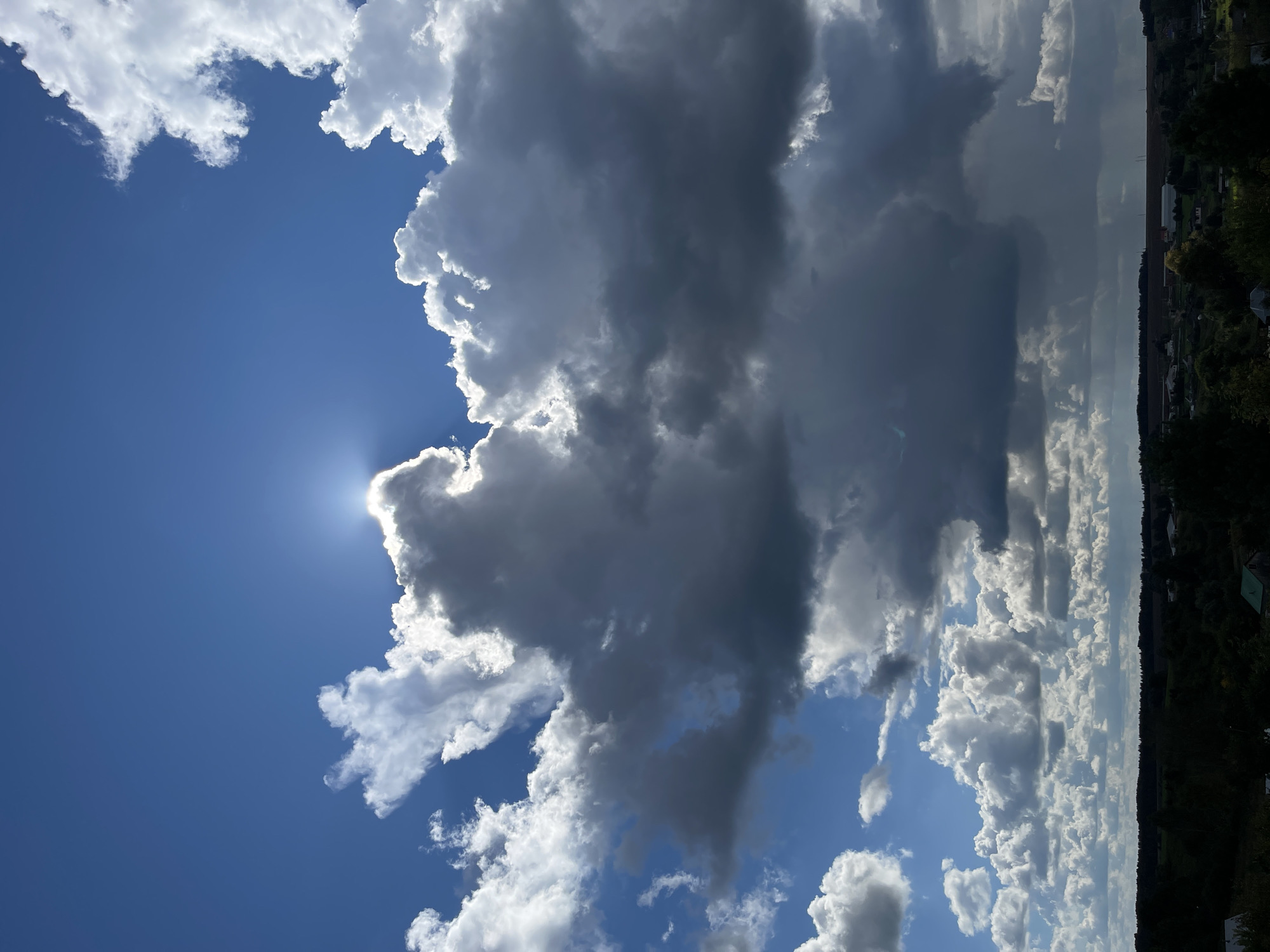 This is a vertical, eye-level, medium shot photograph taken from an elevated viewpoint, looking towards a rural landscape under a dramatic sky. The sky occupies the majority of the frame, filled with an array of clouds. In the upper center, the sun is partially obscured by a large, dark cloud, with rays of light emanating outwards, creating a halo effect. The clouds range in color from bright white and fluffy on the edges and in the lower sky to dark gray and heavy towards the center, suggesting a mix of fair weather and approaching storm. The sun's rays cut through the clouds, illuminating parts of the sky with a bright, ethereal glow.
Below the sky, a dark silhouette of a treeline stretches across the horizon. Within this treeline, glimpses of rural structures are visible, including houses with pitched roofs and what appear to be fields or clearings. The landscape is consistent with a countryside setting. The overall mood is one of natural grandeur, with the interplay of light and shadow in the clouds creating a sense of dynamic atmosphere. The image appears to be taken in the city of Perevoznoye, Russia, given the context provided.