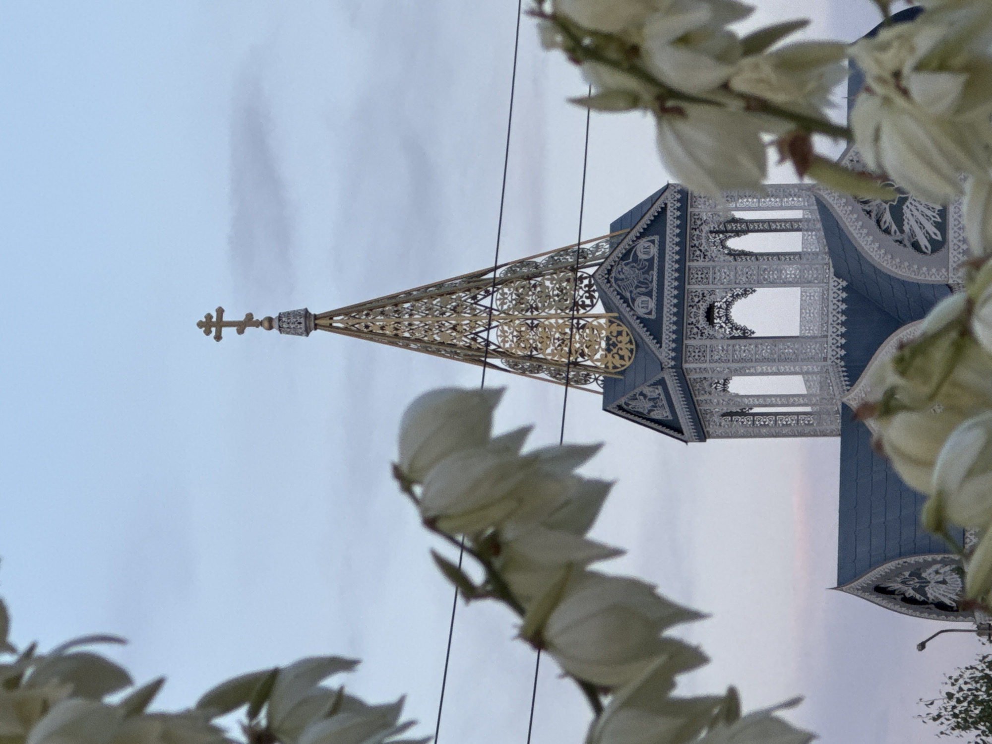 The image is a close-up shot of the ornate spire of a building, possibly a church, against a soft, cloudy sky. The spire is topped with a golden, multi-tiered cross, and features intricate gold filigree work within its conical structure. The building itself has dark blue roofs and detailed white ornamentation along its eaves and windows. The foreground is blurred with white, bell-shaped flowers, likely part of a yucca plant, obscuring parts of the view. Power lines are visible horizontally across the frame, bisecting the image. The overall lighting suggests it is either dawn or dusk.
