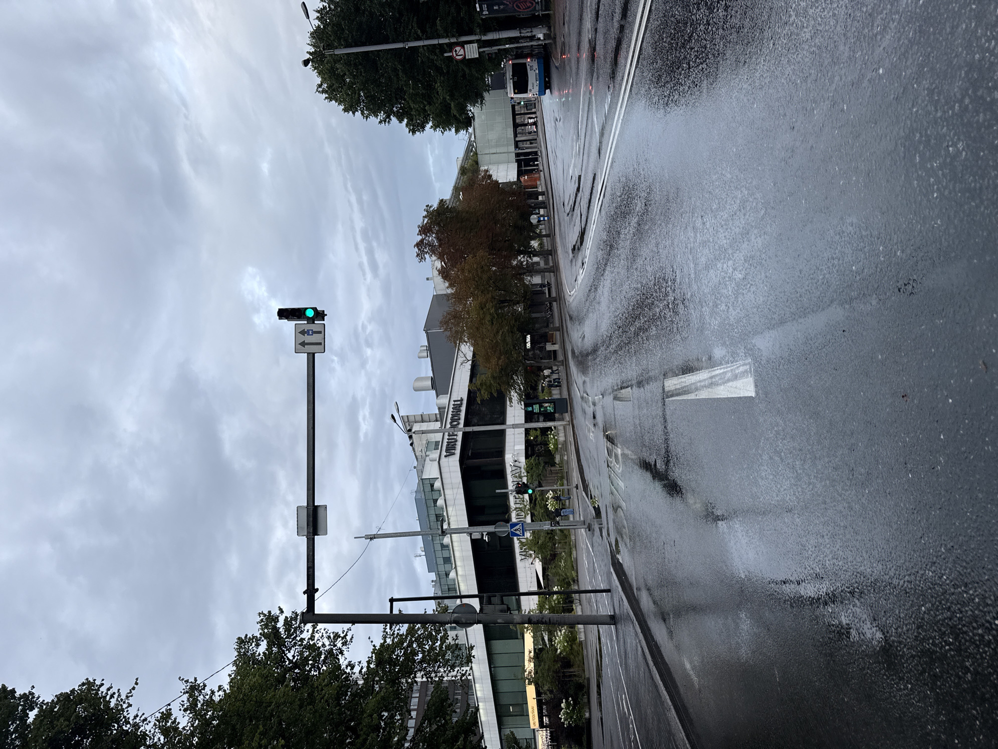 The image depicts a wet street scene in Tallinn, Estonia, likely taken in the Viru Keskus area, judging by the signage visible on the building. The sky is overcast with grey clouds, suggesting recent or ongoing rain. The asphalt road is slick and reflective, with visible puddles and tire tracks. In the foreground, white lane markings are partially obscured by water.
A traffic light with a green signal and pedestrian crossing symbols is visible on the left side of the road. Further down the street, a bus, identified by its markings as a Tallinn City Transport vehicle, is turning right. The building facade of Viru Keskus, a prominent shopping center, is visible with its name clearly displayed. Several trees line the street, some with autumn foliage. A few pedestrians are walking on the sidewalk. The overall atmosphere is somber due to the weather and the muted colors.