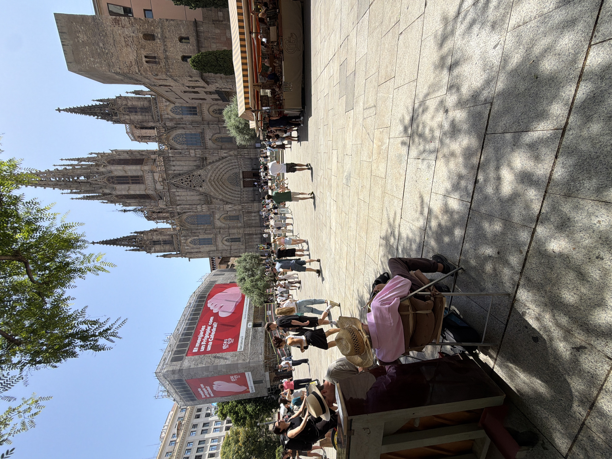 The image depicts a bright, sunny day in Barcelona, Spain, likely in the Gothic Quarter, with the Barcelona Cathedral prominently featured in the background. The cathedral's intricate Gothic architecture, with its spires and arched doorways, dominates the upper portion of the scene. In front of the cathedral, a bustling public square is filled with people. To the left, a large building is partially covered in scaffolding and a red banner displaying text and an image of hands. In the foreground, two individuals are seated, facing away from the camera. One is playing a musical instrument, possibly a guitar, and wearing a straw hat and a pink shirt. The other person is wearing a straw hat and appears to be observing. A street vendor's stall with a striped awning is set up to the right, displaying various items. The ground is paved with large, light-colored stone tiles, and tree branches cast dappled shadows across the square.