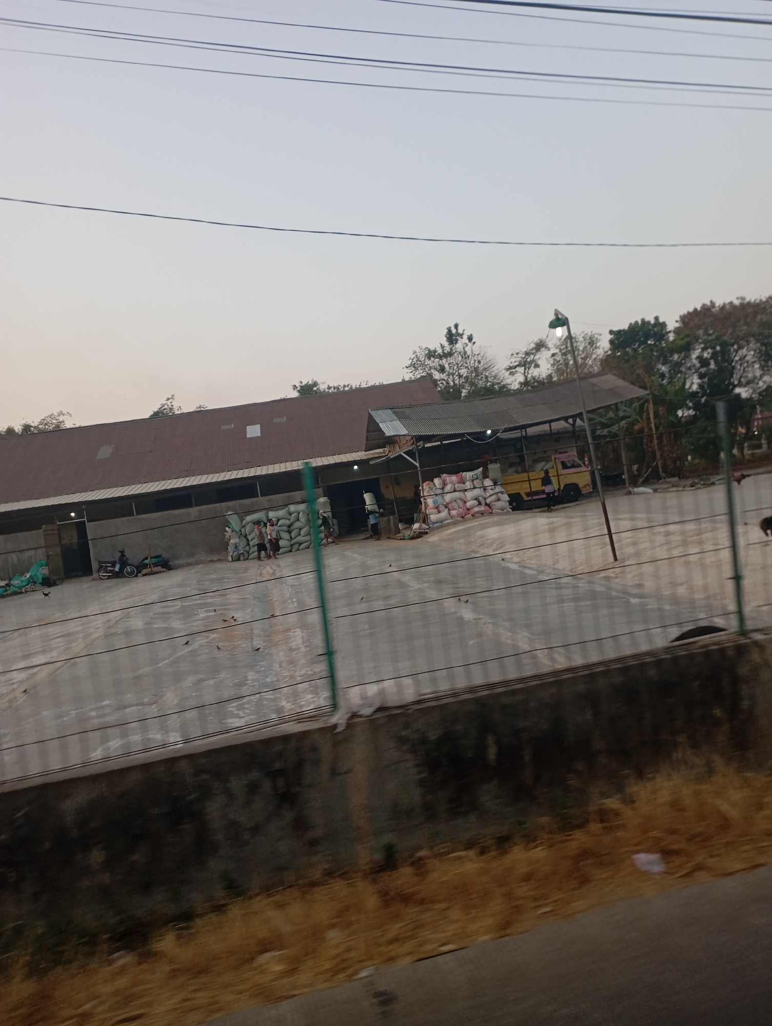 The image captures an outdoor scene in Kecamatan Haurgeulis, Indonesia, likely a warehouse or processing facility. A long, corrugated metal-roofed building dominates the background. In front of it, stacks of white sacks are piled high, suggesting the storage of goods like grain or fertilizer. Several people are present, some appearing to be working with the sacks, while others are standing around. A yellow truck is parked under a covered area, likely for loading or unloading. A motorcycle is also visible near the building entrance. The ground in the foreground is a paved, open area, with some debris and what appear to be small birds scattered about. The scene is bordered by a fence and a concrete wall, with dry vegetation in the lower foreground. The sky is overcast and the overall lighting suggests it is either early morning or late afternoon.