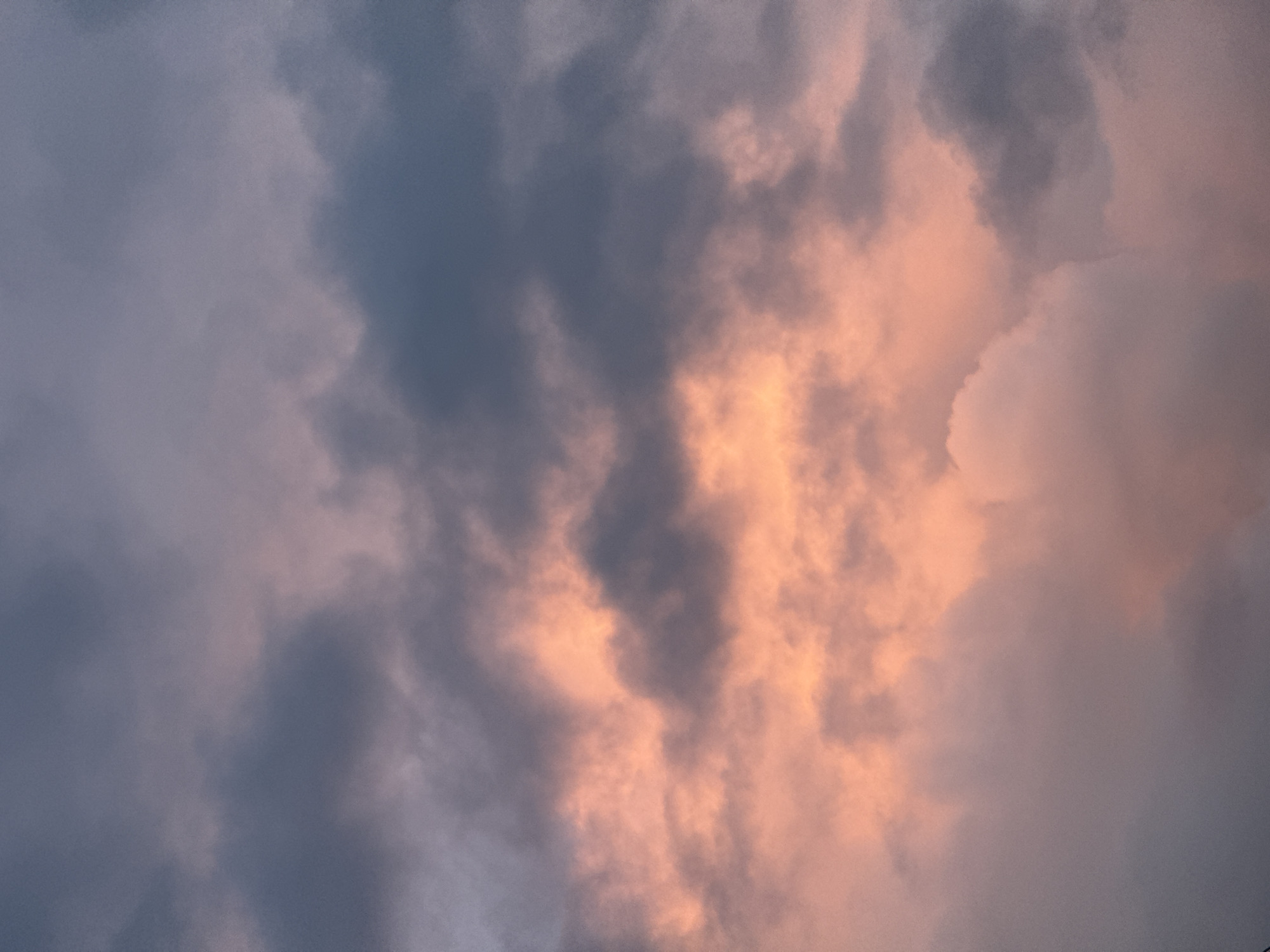 The image captures a sky filled with dramatic cloud formations, bathed in the soft, warm light of either sunrise or sunset. Dominant colors include various shades of greyish-blue and purple in the shadowed areas, contrasting sharply with luminous patches of peach-orange and pink. These warm hues are most prominent on the right side and center of the frame, where the sunlight appears to be directly hitting the clouds, creating a vibrant glow.
The clouds display a varied texture, ranging from thick, dense masses that block the light to more ethereal, wispy sections. Some formations show clear definition and layering, while others appear more diffused and blended. The overall scene suggests a partly cloudy sky, with the sun low on the horizon, illuminating the atmospheric conditions from below.
There are no discernible people, objects, or specific events taking place, focusing entirely on the natural beauty of the sky. The image conveys a serene yet powerful natural moment. The location is Fécamp, France, although no specific landmarks or geographical features are visible within the frame. There is no visible text in the image.