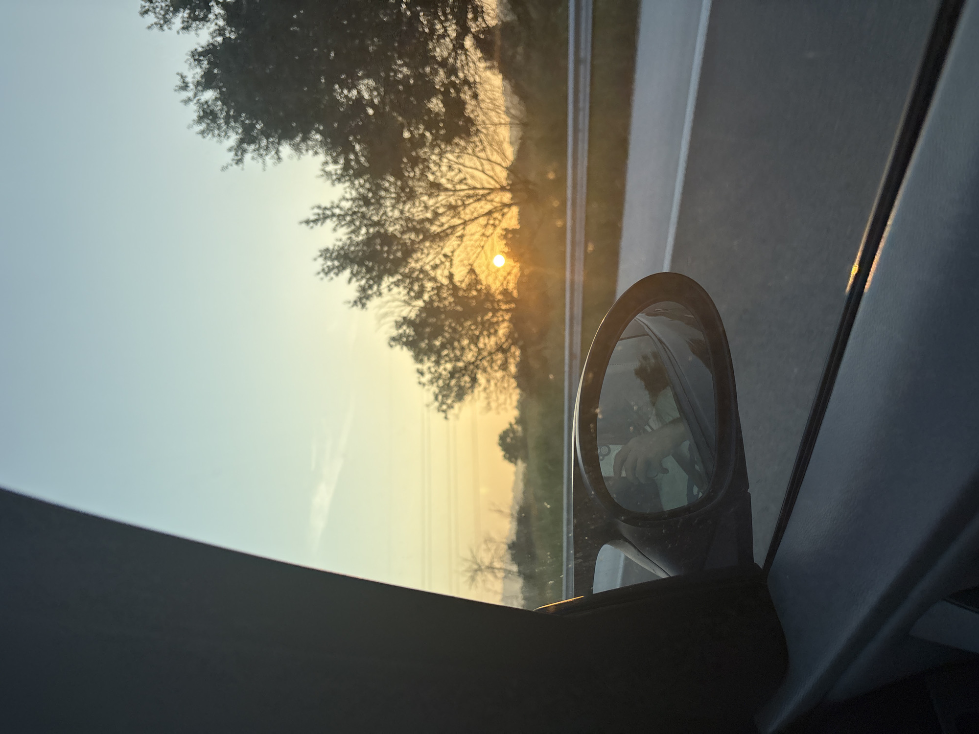 The image captures a sunset scene in Slanchevo, Bulgaria, from the perspective of a passenger inside a vehicle. The sky transitions from a light blue at the top to hues of yellow and orange near the horizon, where the sun is visible as a bright, glowing orb, partially obscured by the dark silhouettes of numerous trees. Power lines are faintly discernible across the horizon. The foreground reveals the dark grey interior frame of the car's window and a portion of the dashboard or door panel. The vehicle's exterior side mirror, positioned in the lower mid-left, reflects a person's hand holding a smartphone, indicating the photographer taking the image from within the vehicle. Beyond the car, an asphalt road with a white edge line is visible, along with a metal guardrail separating the road from a natural landscape featuring more trees and distant, softly outlined hills.