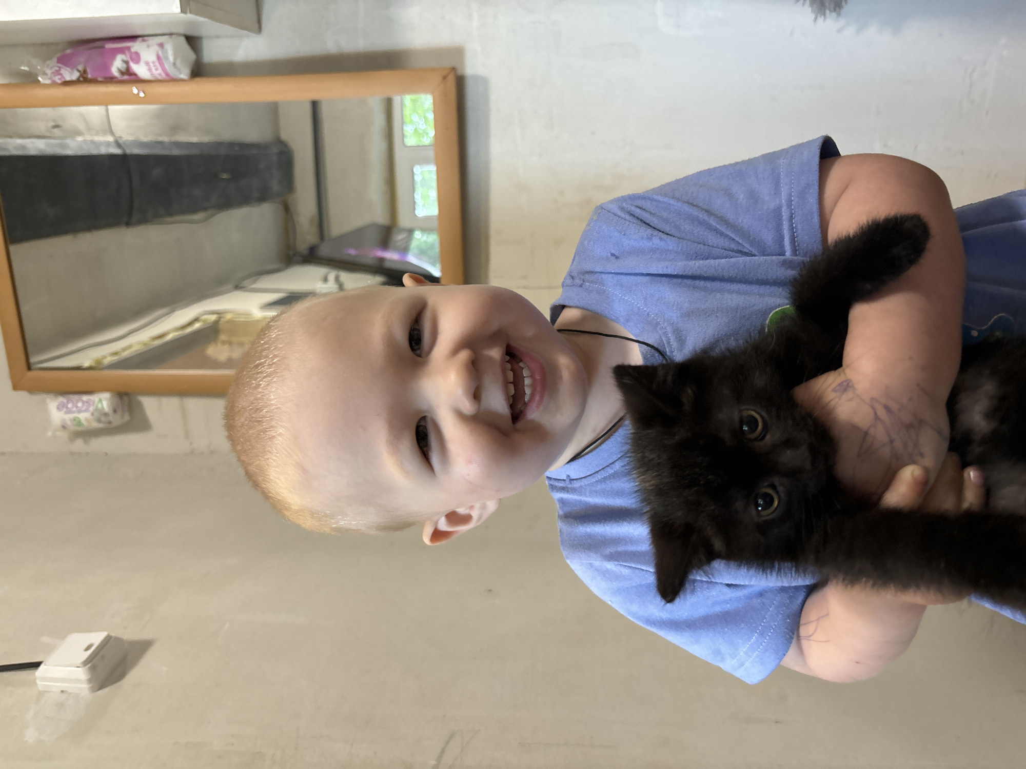 A blond child wearing a blue shirt is holding a black kitten. The scene appears to be indoors, with a mirror reflecting a cluttered interior. The location is Фоки, Russia.