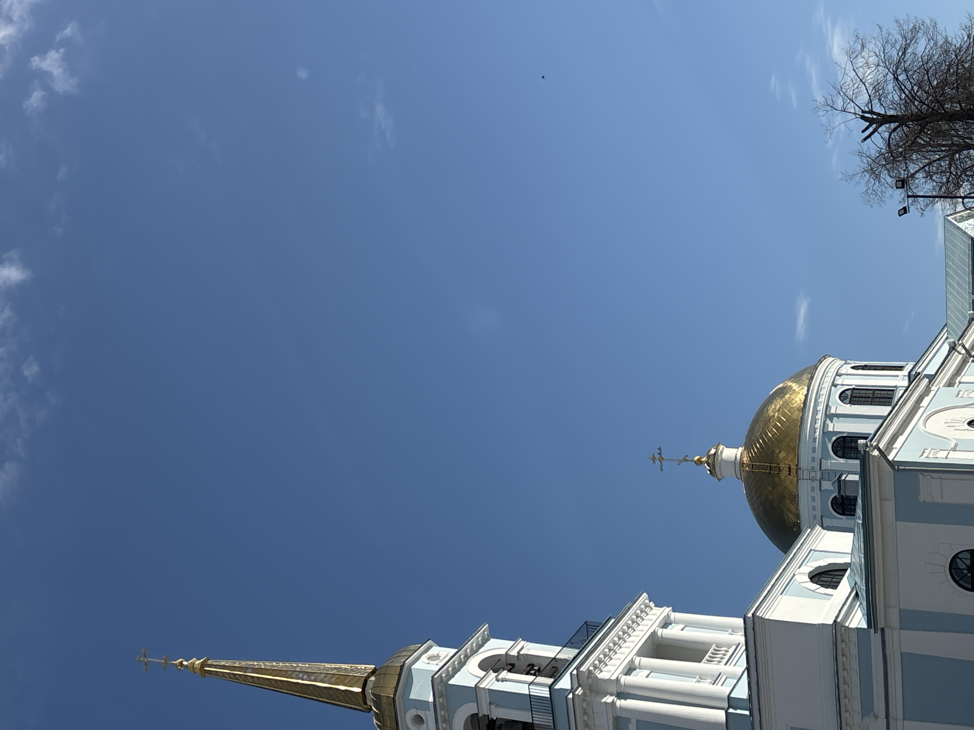 An upward-angled exterior view depicts a large religious building, likely a Russian Orthodox church, under a clear blue sky in Votkinsk, Russia. The structure features light blue facades with white trim, cornices, and architectural elements. On the left, a prominent bell tower rises, culminating in a tall, slender golden spire topped with an Orthodox cross. Below the spire, the bell tower exhibits a classical design with white columns and arched openings. To the right and slightly lower, a larger, ornate golden onion-shaped dome, also surmounted by an Orthodox cross, features multiple arched windows. A dark vertical element, consistent with a maintenance ladder or scaffolding, is affixed to the side of this golden dome. The sky, occupying the majority of the upper frame, is a vibrant, uniform blue with sparse, wispy white clouds. A small, dark, indistinct object, possibly avian, is present in the mid-right sky. In the lower right, a bare-branched deciduous tree is partially visible, with two dark-colored floodlights affixed to a pole in its vicinity. The scene is illuminated by direct sunlight, highlighting the reflective gold surfaces. No individuals are present, and no discernible actions or interactions are occurring.
