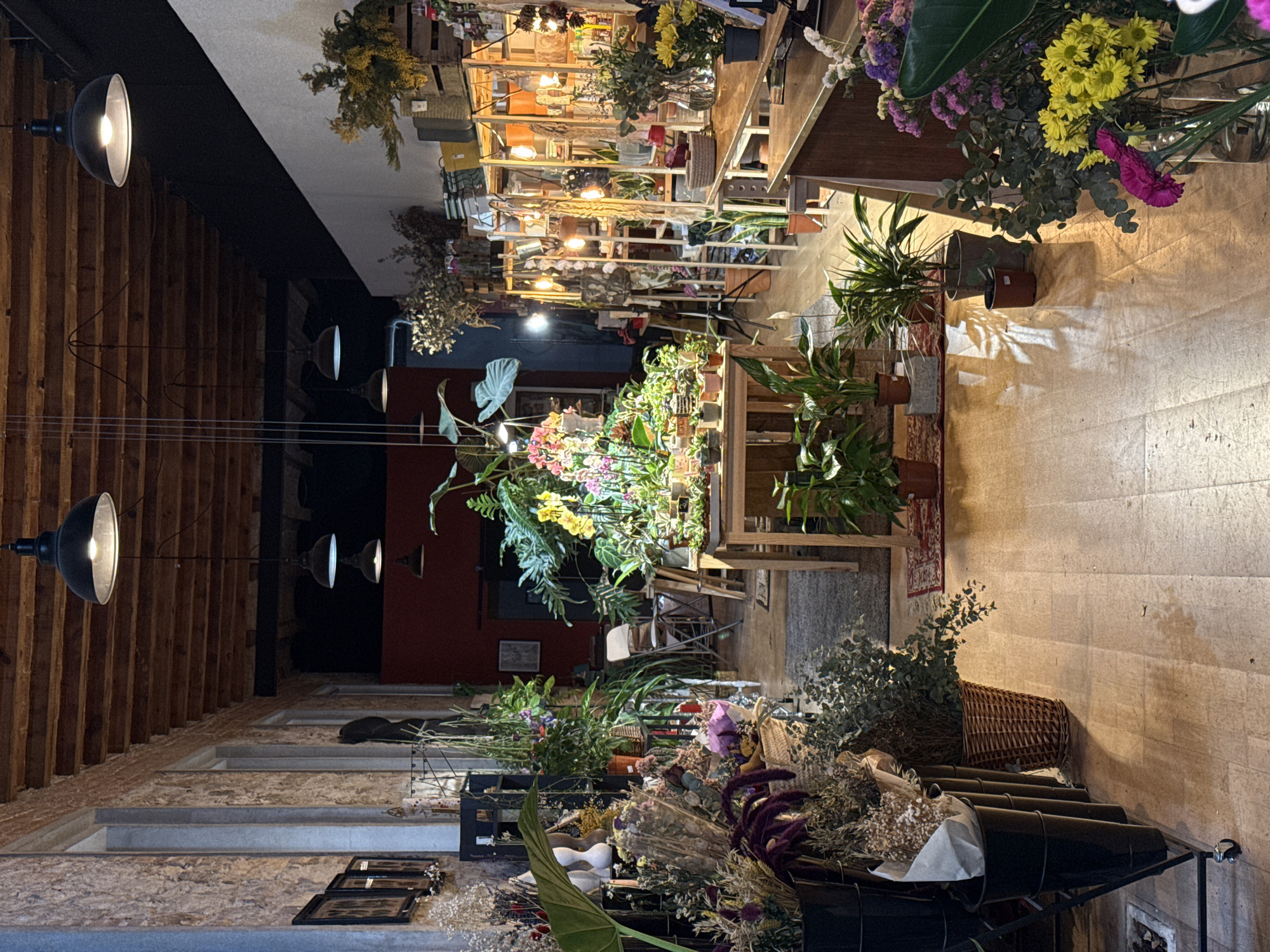 The image depicts the interior of a flower shop, potentially located in Barcelona, Spain. Several types of plants and flowers are displayed, some arranged on wooden shelving units illuminated by artificial lights. Other plants are potted and placed on the floor or displayed in buckets. A series of pendant lights hang from the ceiling. The interior features a mix of stone and wooden wall finishes. The shop appears to be well-lit.