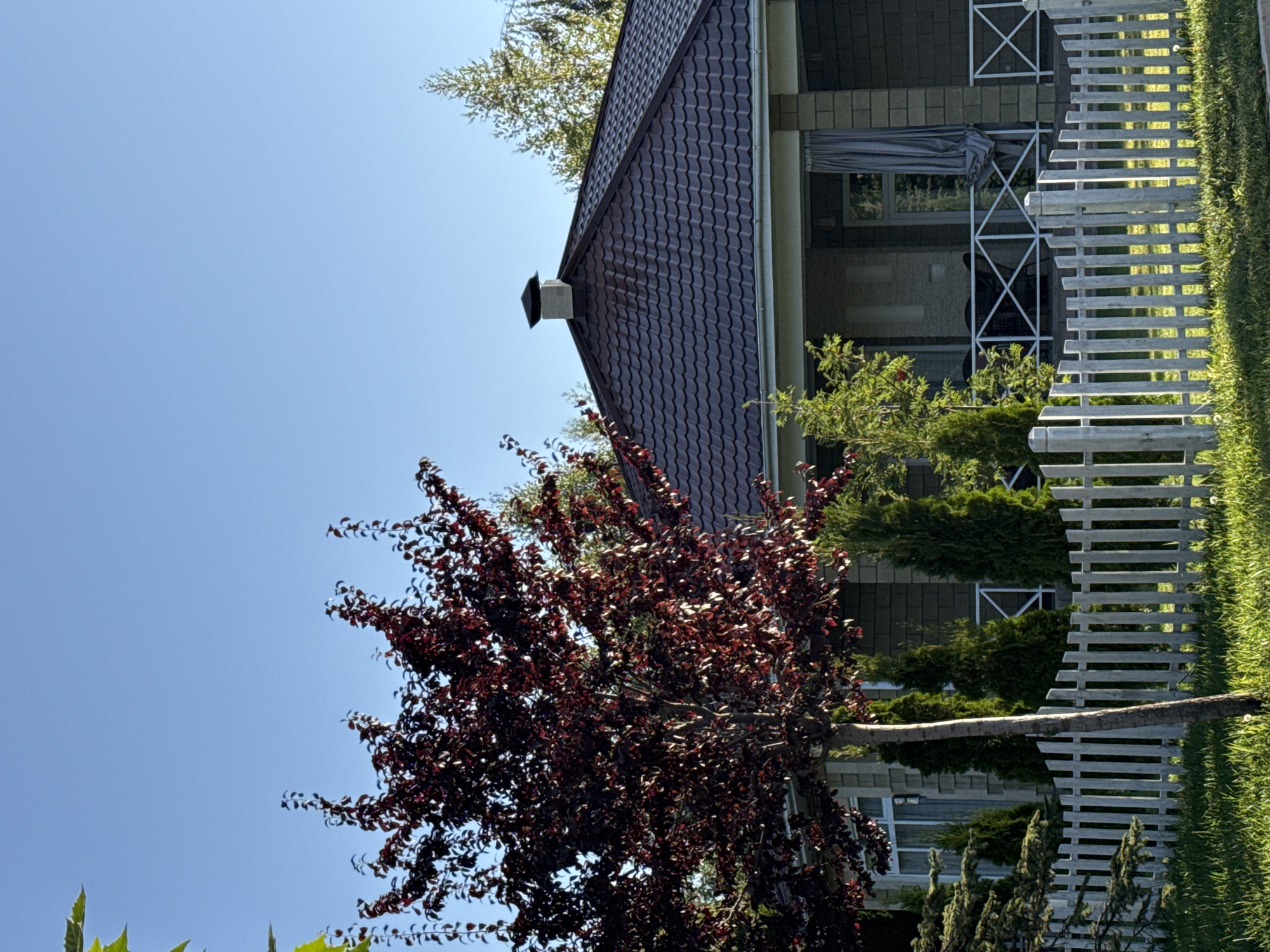 The image depicts a modern house with a dark brown, tiled roof and a beige brick exterior. A white picket fence encloses the front yard, which is covered in green grass. In the foreground, a slender tree with dark red leaves stands to the left. Behind the fence, several evergreen trees are planted in front of the house. A covered porch with a white railing runs along the front of the house. The sky is clear and blue. The house is located in Sary-Oy, Kyrgyzstan.