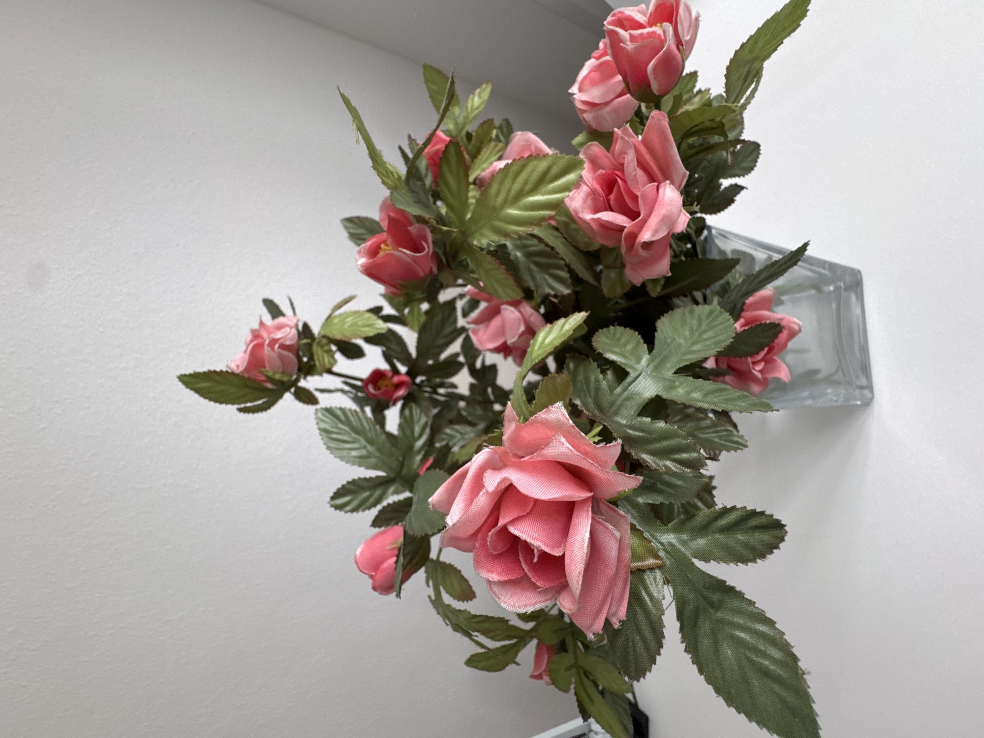 A close-up, eye-level shot captures a bouquet of artificial pink roses in a clear glass vase. The flowers are arranged in a somewhat wild, naturalistic style, with multiple blooms at various stages of opening and numerous green leaves. The vase sits on a flat, white surface that appears to be a table or countertop. In the background, a plain white wall is visible, illuminated by soft, diffused light. There is no indication of a specific location in Bietigheim-Bissingen, Germany, or any people present in the scene. The overall impression is one of simple, static decor.