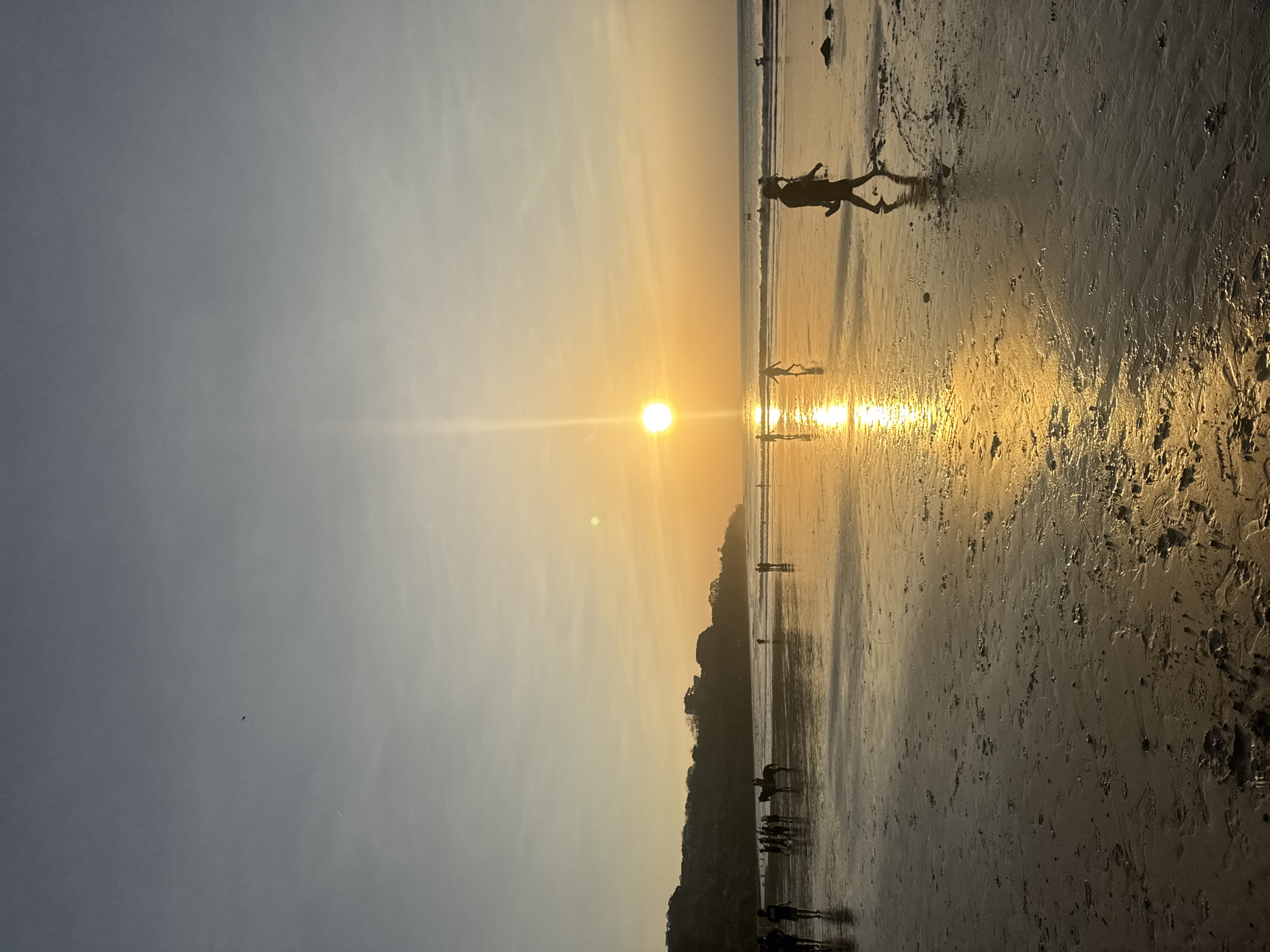 This is a vertical, medium-distance shot of a beach at sunset, likely in Kuta Selatan, Indonesia. The sun, a bright orb of golden light, is positioned slightly left of center in the upper half of the frame, casting a strong reflection across the wet sand. The sky transitions from a pale blue at the top to a warm, yellow-orange hue near the horizon. In the mid-ground, a gentle wave line breaks along the shore.
Silhouetted figures are scattered across the beach and in the shallow water. On the left, a group of people are walking, and several horses are being led or ridden. Further to the right, a solitary figure walks towards the foreground, holding what appears to be footwear. Other individuals are visible in the distance, some wading in the water. The beach itself is sandy and wet, with numerous footprints and patterns visible in the sand, indicating recent activity. A dark, tree-covered hillside rises in the background along the coastline. The overall atmosphere is serene and tranquil, with the warm light of the setting sun dominating the scene.