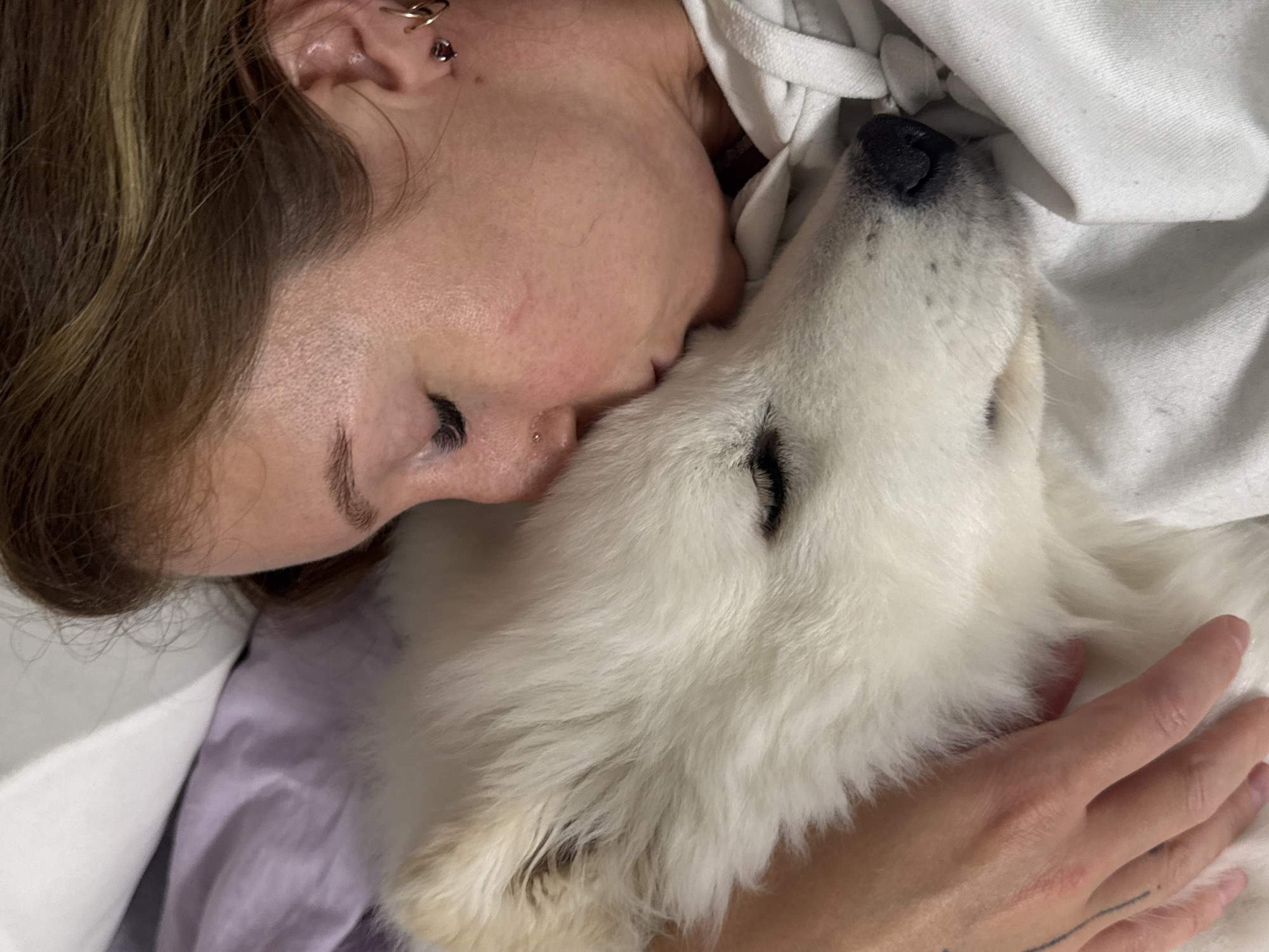 A woman is lying down, embracing a fluffy white dog. Her eyes are closed, and her face is close to the dog's head. The woman has light brown hair, pierced ears, and a piercing on her cheek. The dog's nose is black. Both are under a white blanket on top of a lilac sheet. There is no indication of the location being Chaikovsky, Russia.