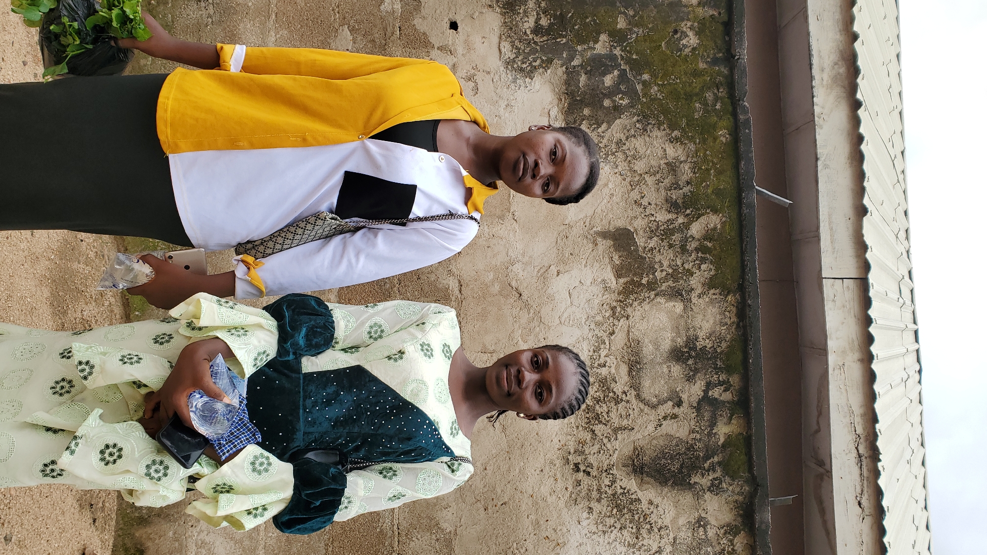 Two young women stand in front of a textured, weathered wall in Jalingo, Nigeria. The woman on the left wears a yellow and white collared shirt with a black panel on the chest and a black skirt. She carries a plastic bag filled with green leafy vegetables in her left hand and a smartphone in her right. A patterned crossbody bag hangs from her right shoulder. The woman on the right is dressed in a light green and white patterned dress with puffed sleeves and a dark green velvet panel adorned with small white dots. She holds a clear plastic bag containing water bottles and a checkered cloth in her hands. A black handbag is slung over her right shoulder. The wall behind them shows signs of aging, with moss and discoloration. Above the wall, a metal roof with visible seams is present, suggesting an outdoor setting. The ground is a mixture of sand and small stones.