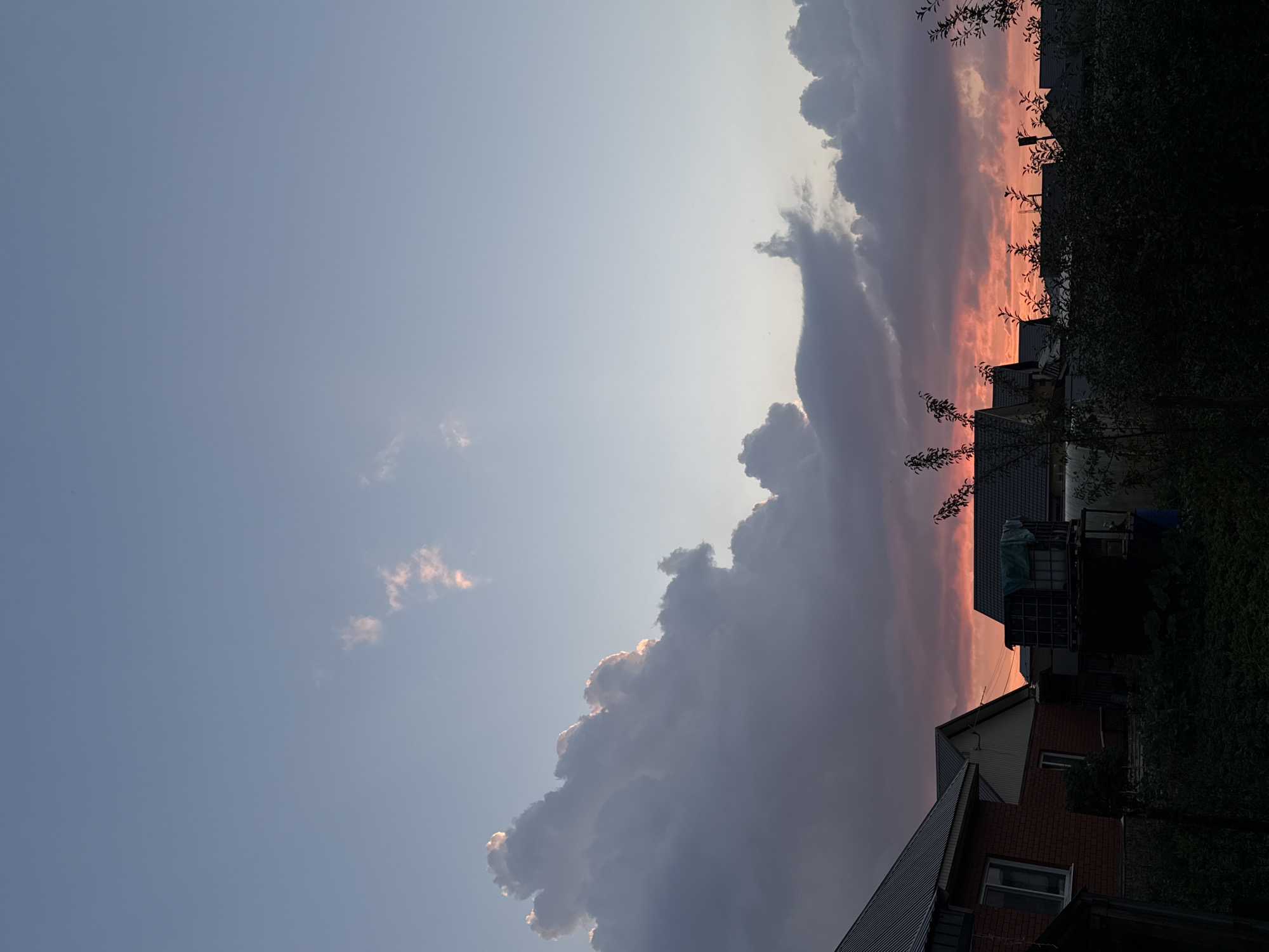 The image captures a twilight scene in Osorgino, Russia, characterized by a dramatic sky painted with hues of pink, orange, and gray as the sun sets. The foreground is dominated by the silhouettes of several houses with dark roofs, interspersed with lush green foliage. In the middle ground, the distinctive shapes of rooftops and outbuildings are visible against the vibrant sky. The upper portion of the image is occupied by a vast expanse of sky, featuring large, textured clouds that catch the fading light, some tinged with pink and gold, while others appear darker and more imposing. The overall atmosphere is one of serene evening ambiance in a suburban or rural setting.