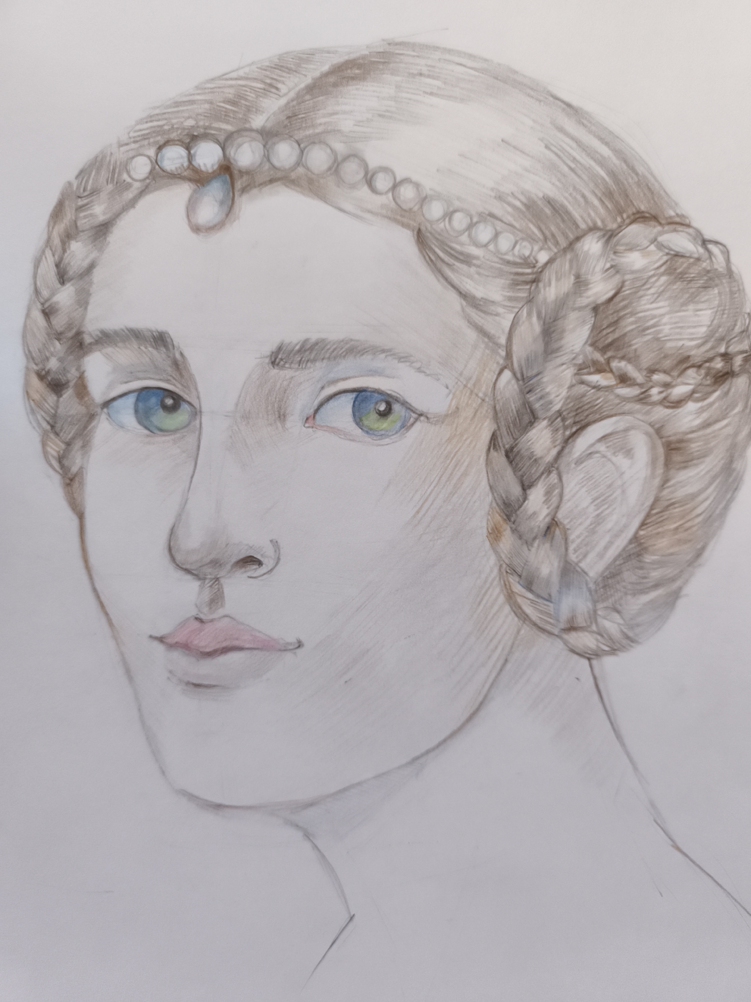 This is a close-up pencil sketch of a woman's face, with some colored pencil accents. The woman has braided hair pulled back and adorned with a pearl headband and a single teardrop-shaped jewel. Her eyes are a striking blue-green, and her lips are lightly colored pink. The drawing focuses on her facial features and hair, with subtle shading to create depth and form. The background is plain white, suggesting an artist's sketchbook or a preliminary study. The image is not a photograph and does not depict a specific location in the city of Saint-Denis, France.