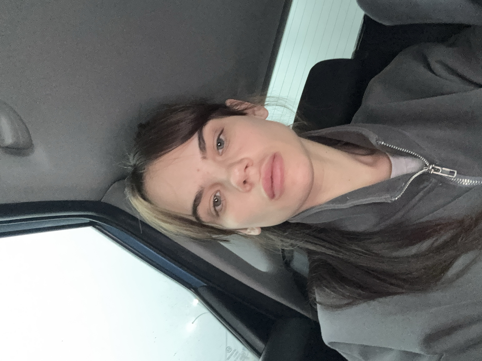 A selfie photograph shows a woman in a car, wearing a gray zip-up sweatshirt. The car's interior is visible with the window showing overcast conditions. There is no information visible to indicate this image was taken in Камышеваха, Russia.